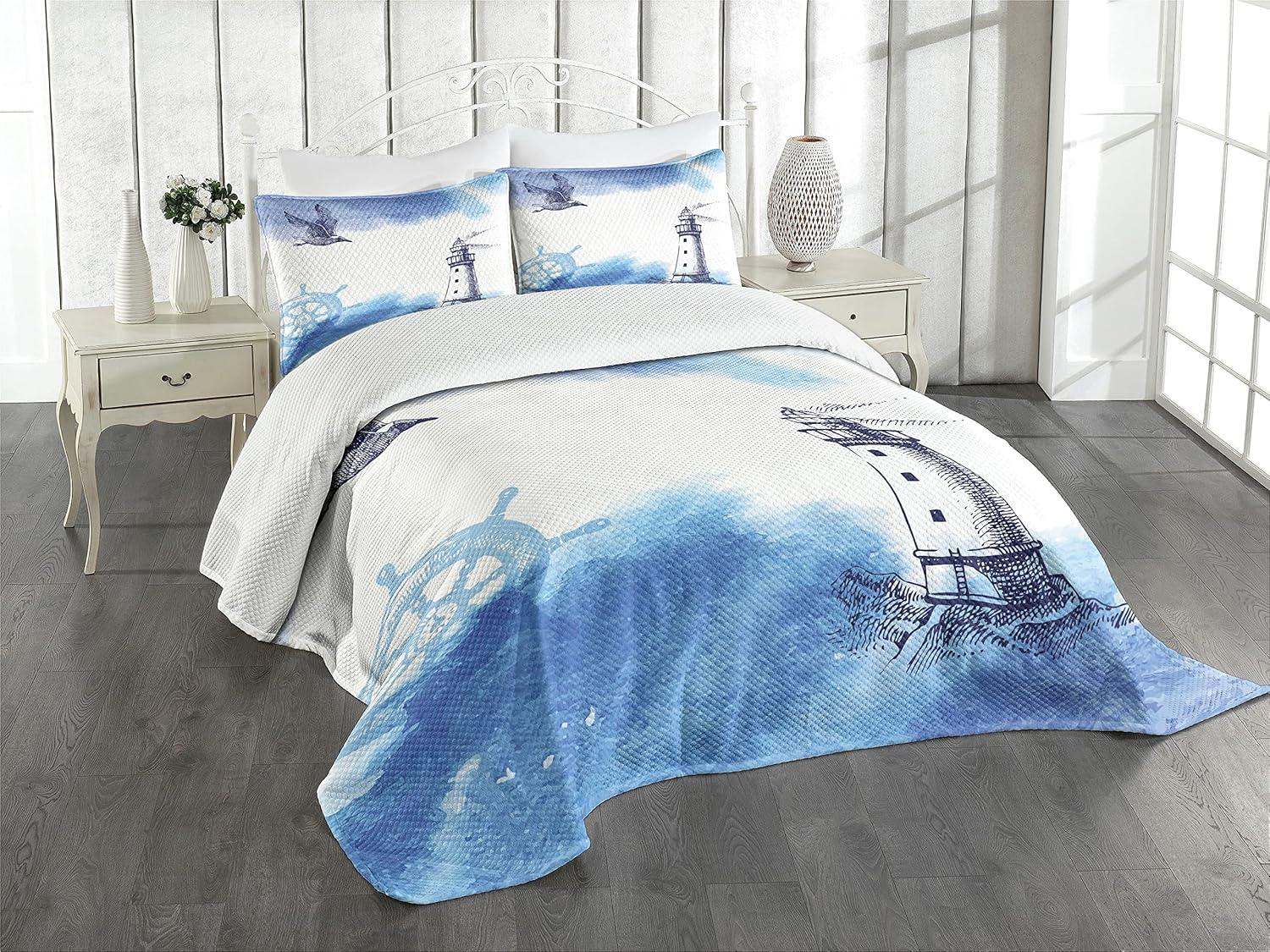 White and Blue Nautical Queen Quilted Bedspread Set