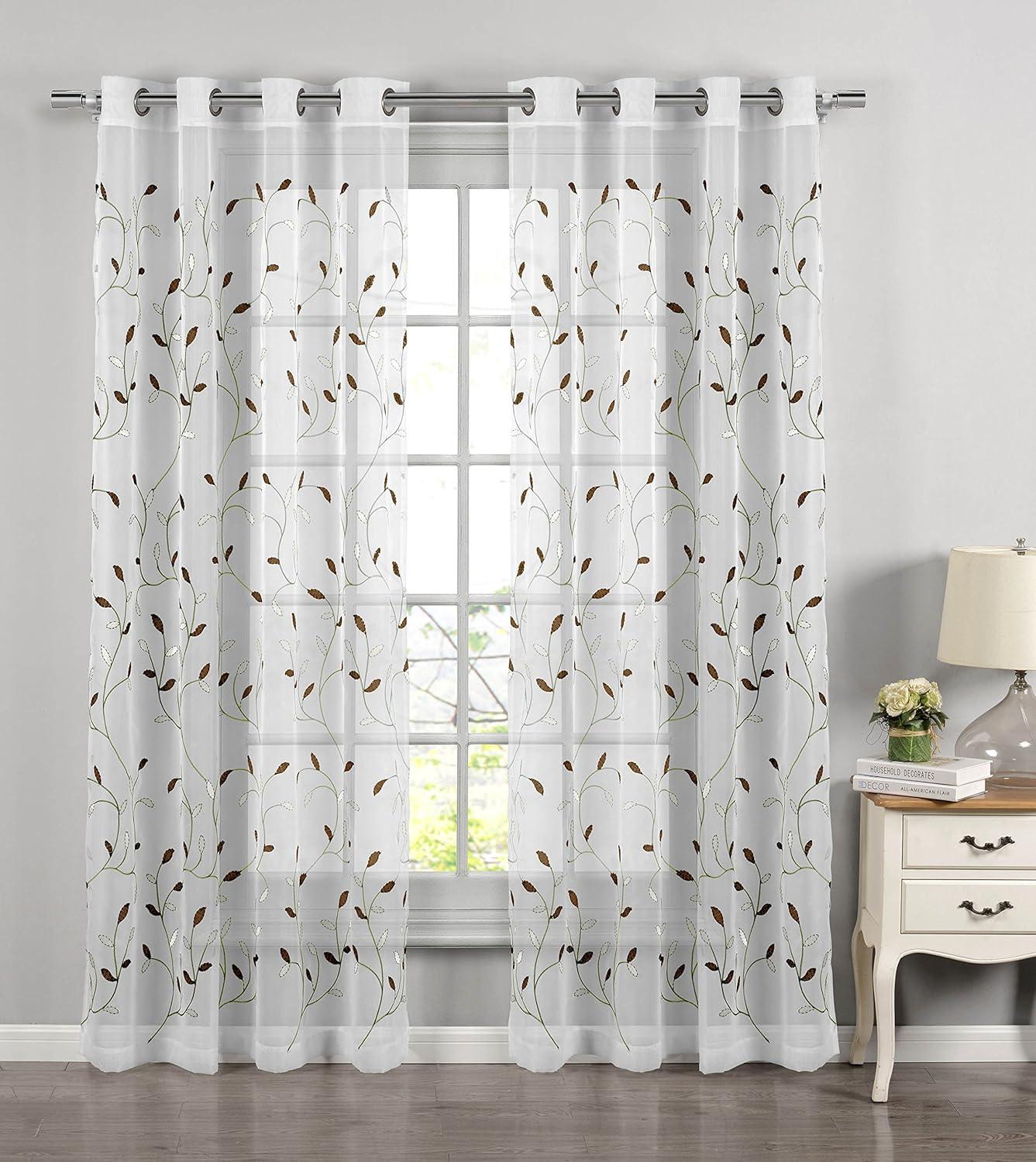 Grommet Curtain Panel, Embroidered Sheer Extra-Wide, Brown 54" x 84"