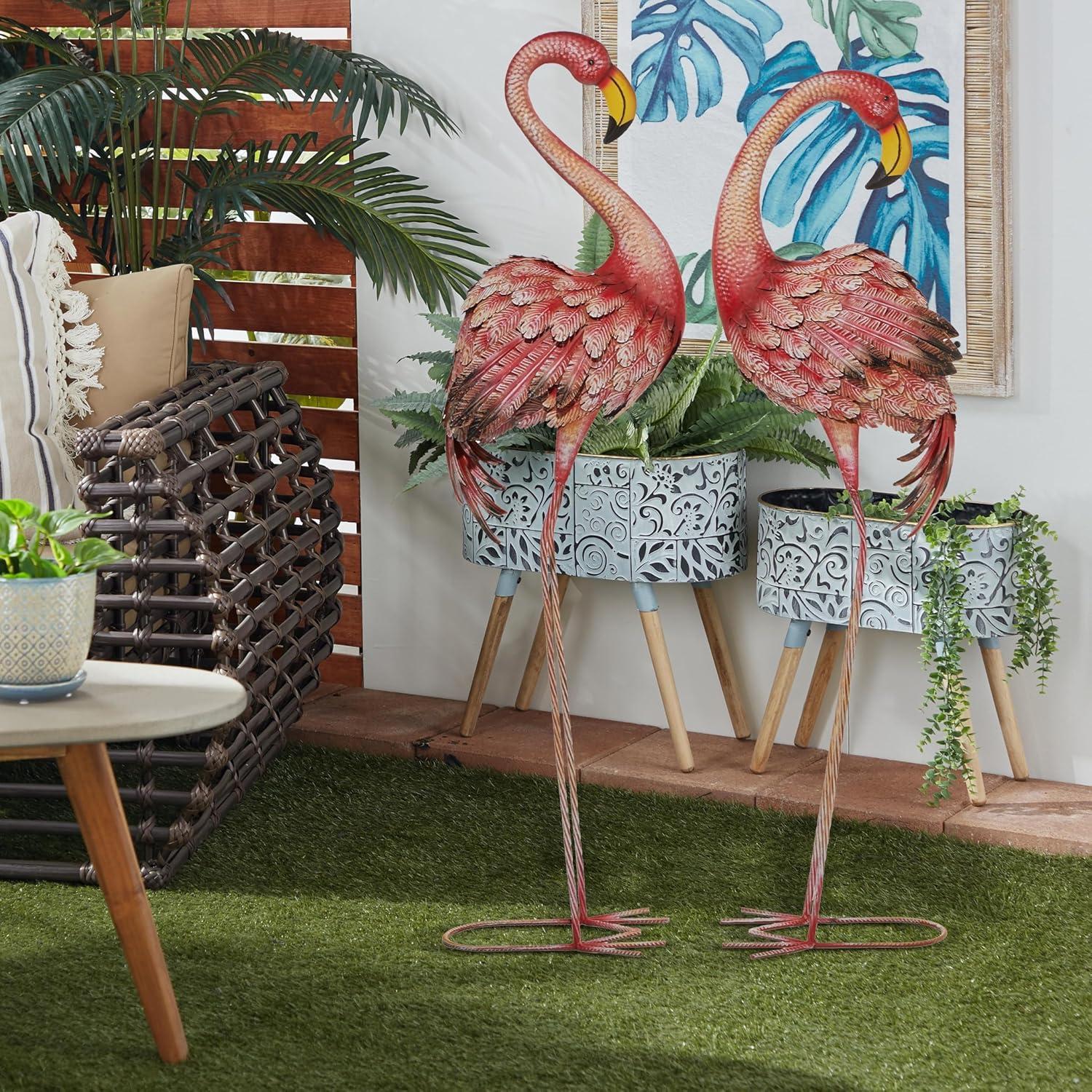 DecMode Coastal Outdoor Metal Standing Pink Flamingo Garden Sculpture, Set of 2 10"W x 38"H