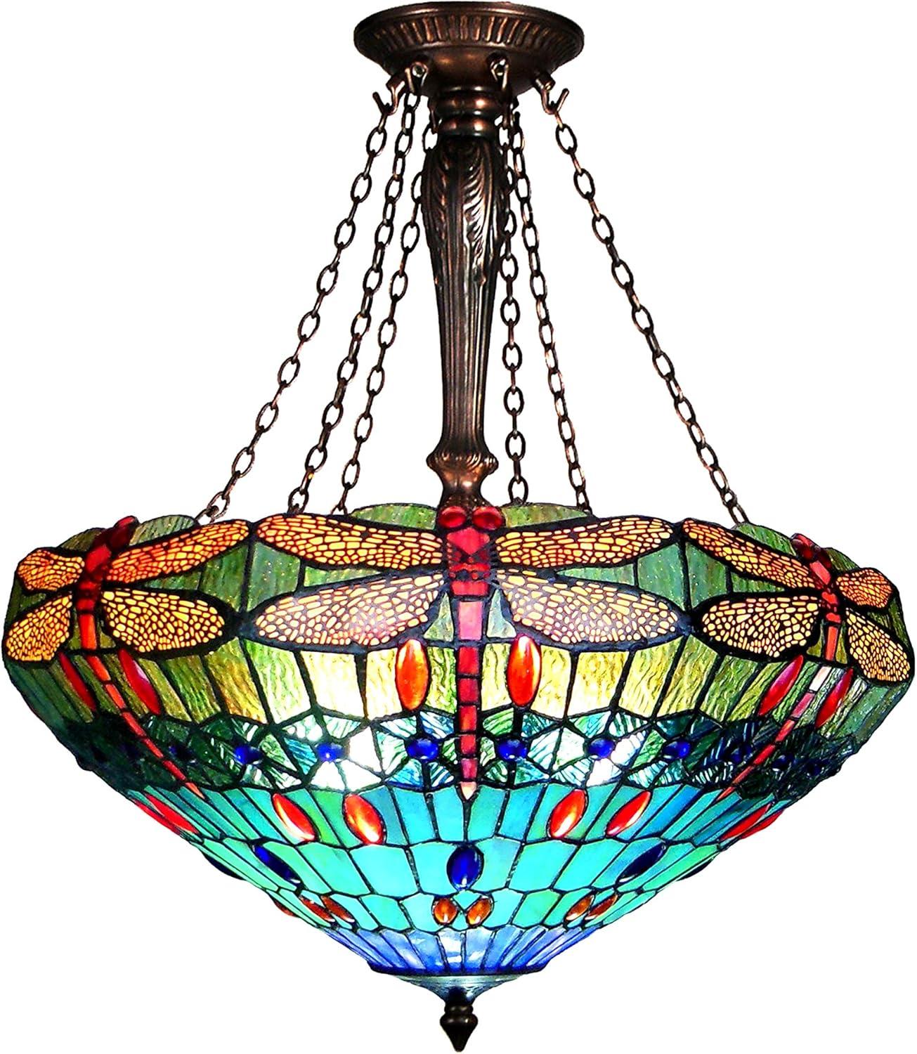 SCARLET Tiffany-style 3 Light Dragonfly Inverted Ceiling Pendant 24" Shade