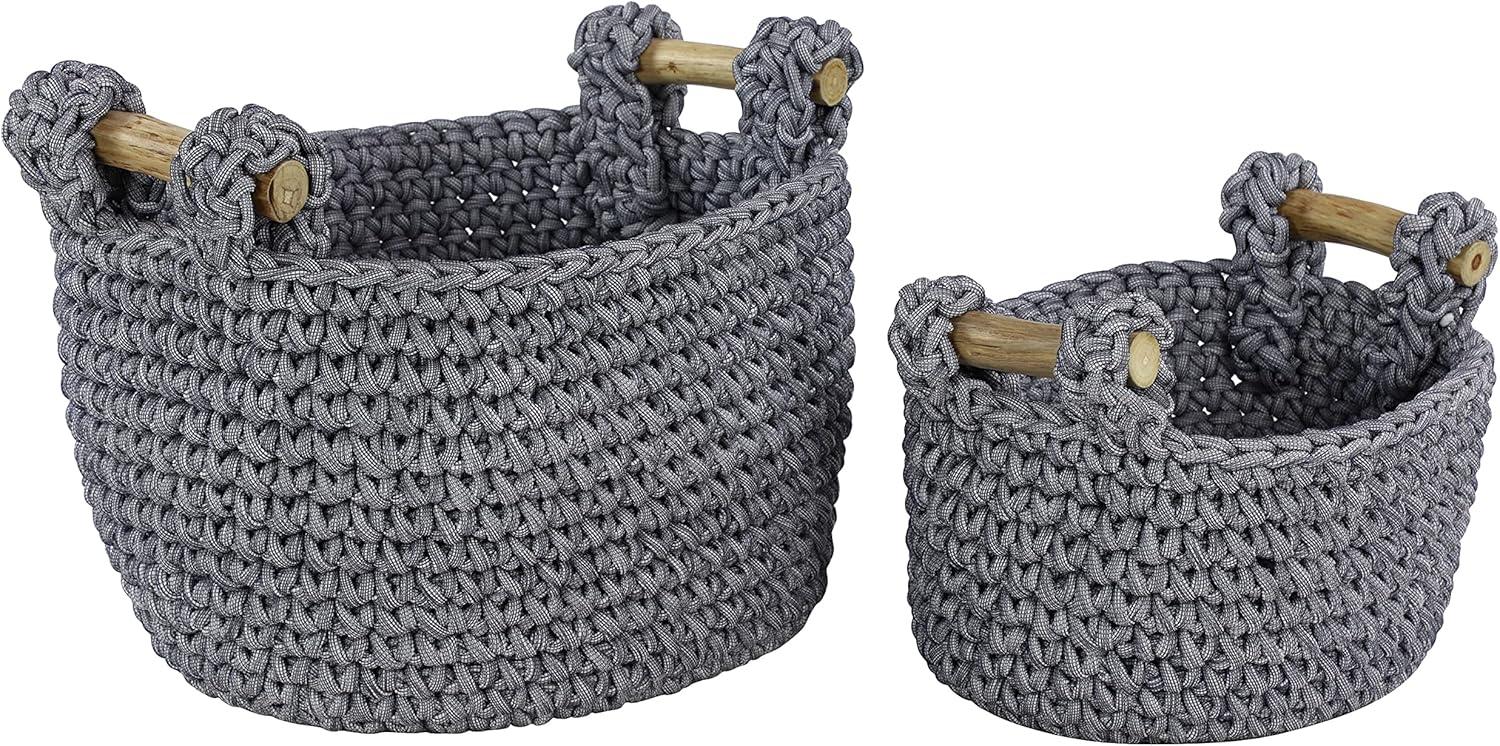 DecMode 13", 11"H Gray Polyester Handmade Storage Basket with Handles, 2-Pieces