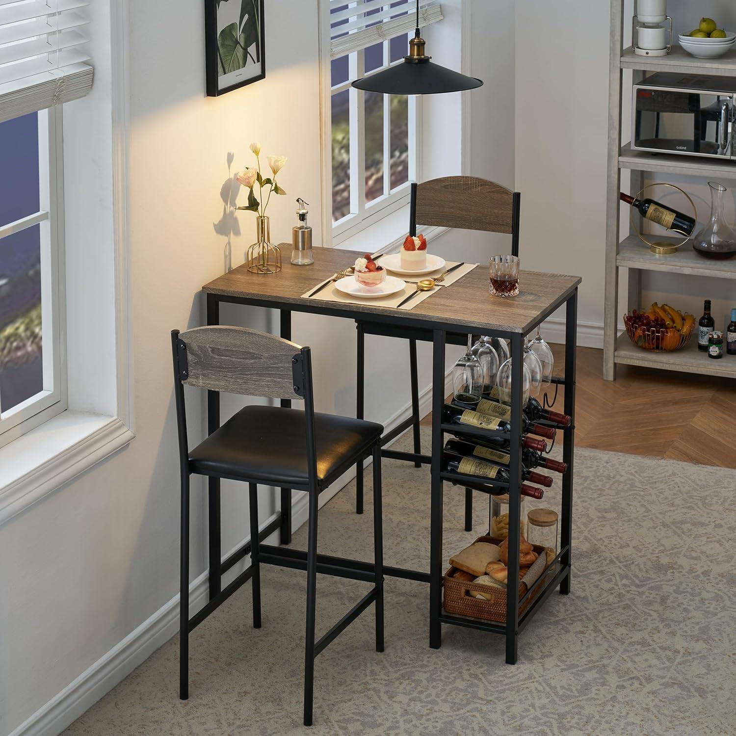 Whizmax Bar Table Set for 2 with Footrest, Kitchen Dining Table with 2 Upholstered Chairs, Small Space Counter Height Barstools for Counter Bar, Brown