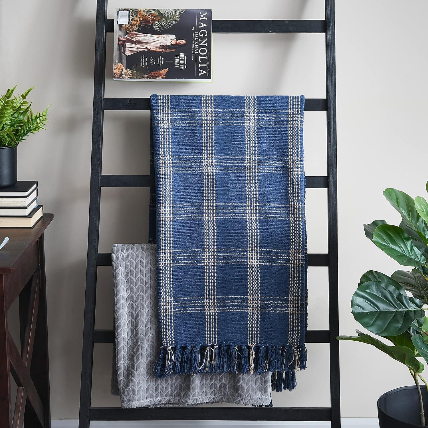 Blue Plaid Recycled Cotton Blend Throw Blanket with Fringe