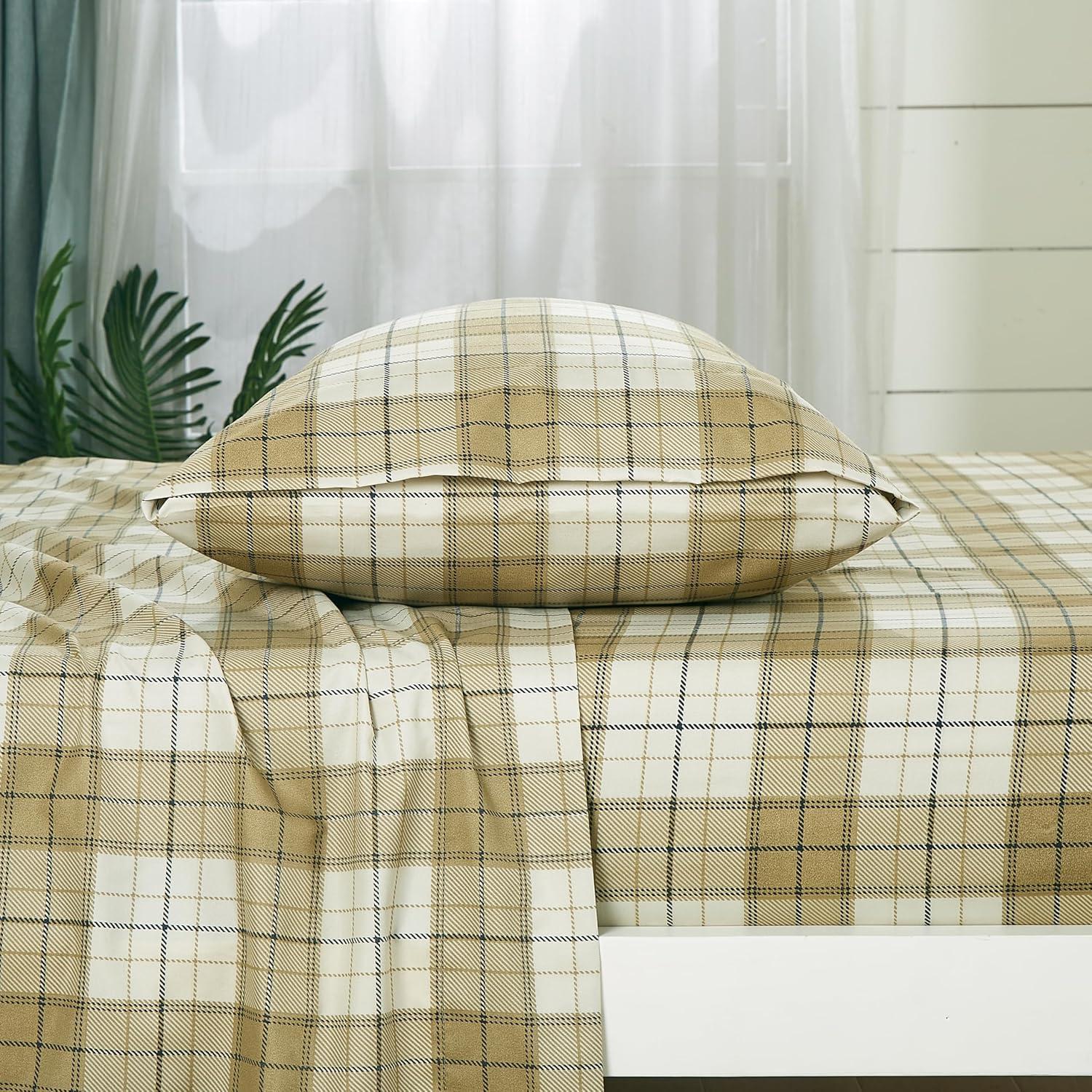 Chezmoi Collection 3-Piece Lodge Plaid Sheet Set Twin Size, Tan Beige Blue Plaid Stripe Printed Brushed Microfiber Lightweight Breathable Deep Pocket Bed Sheets