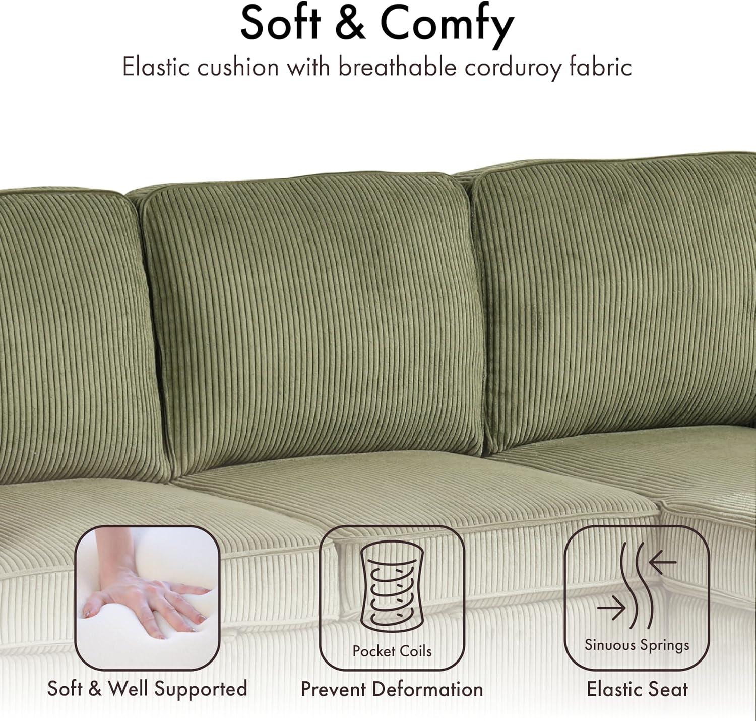 HOMES: Inside + Out Paeke Sleeper Sectional Sofa Corduroy with Storage Chaise and Reversible Green