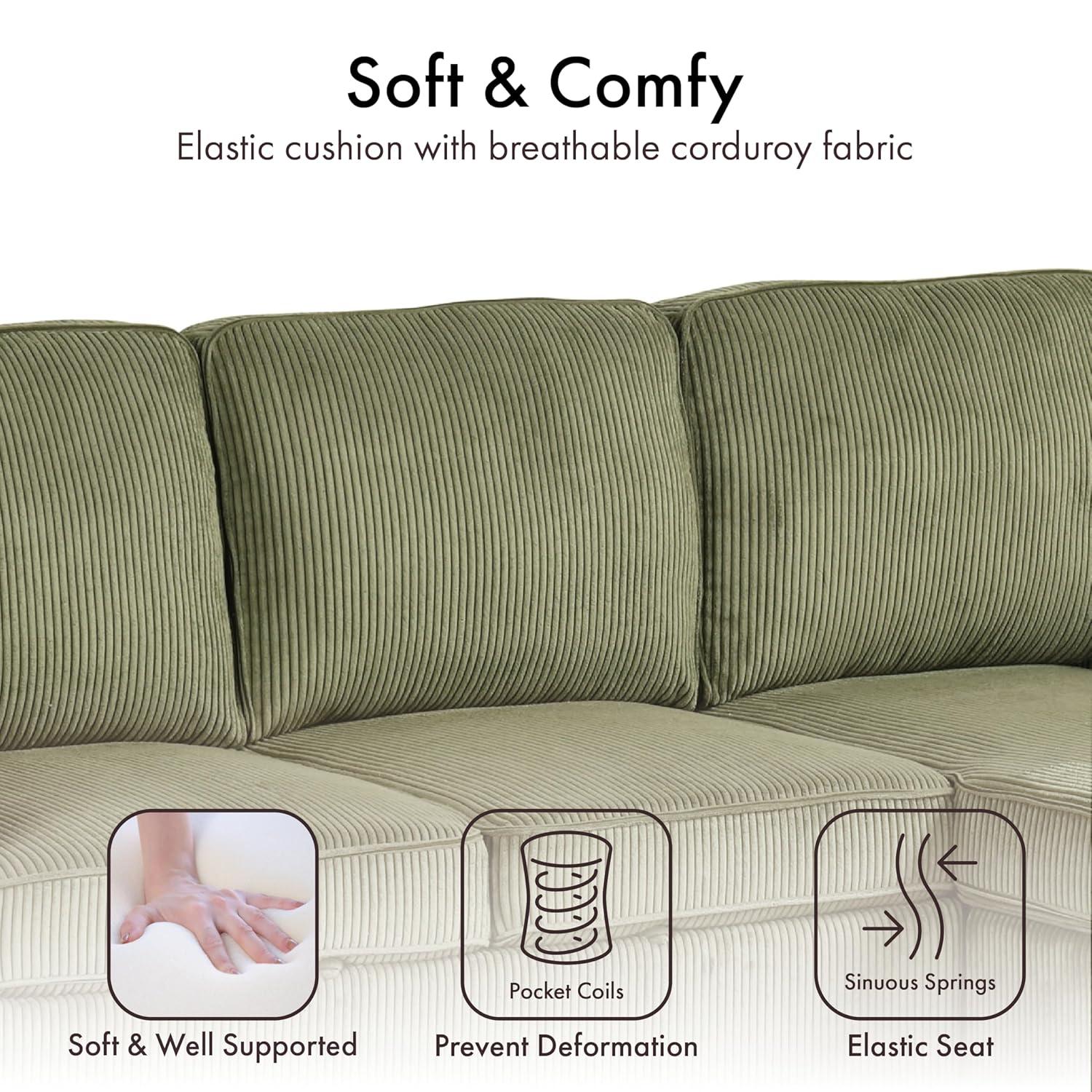 HOMES: Inside + Out Paeke Sleeper Sectional Sofa Corduroy with Storage Chaise and Reversible Green