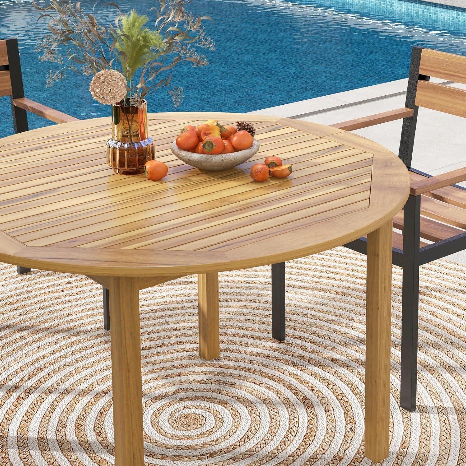 Costway Patio Dining Table Acacia Wood Round Outdoor Bistro Table 4-Person for Deck Lawn