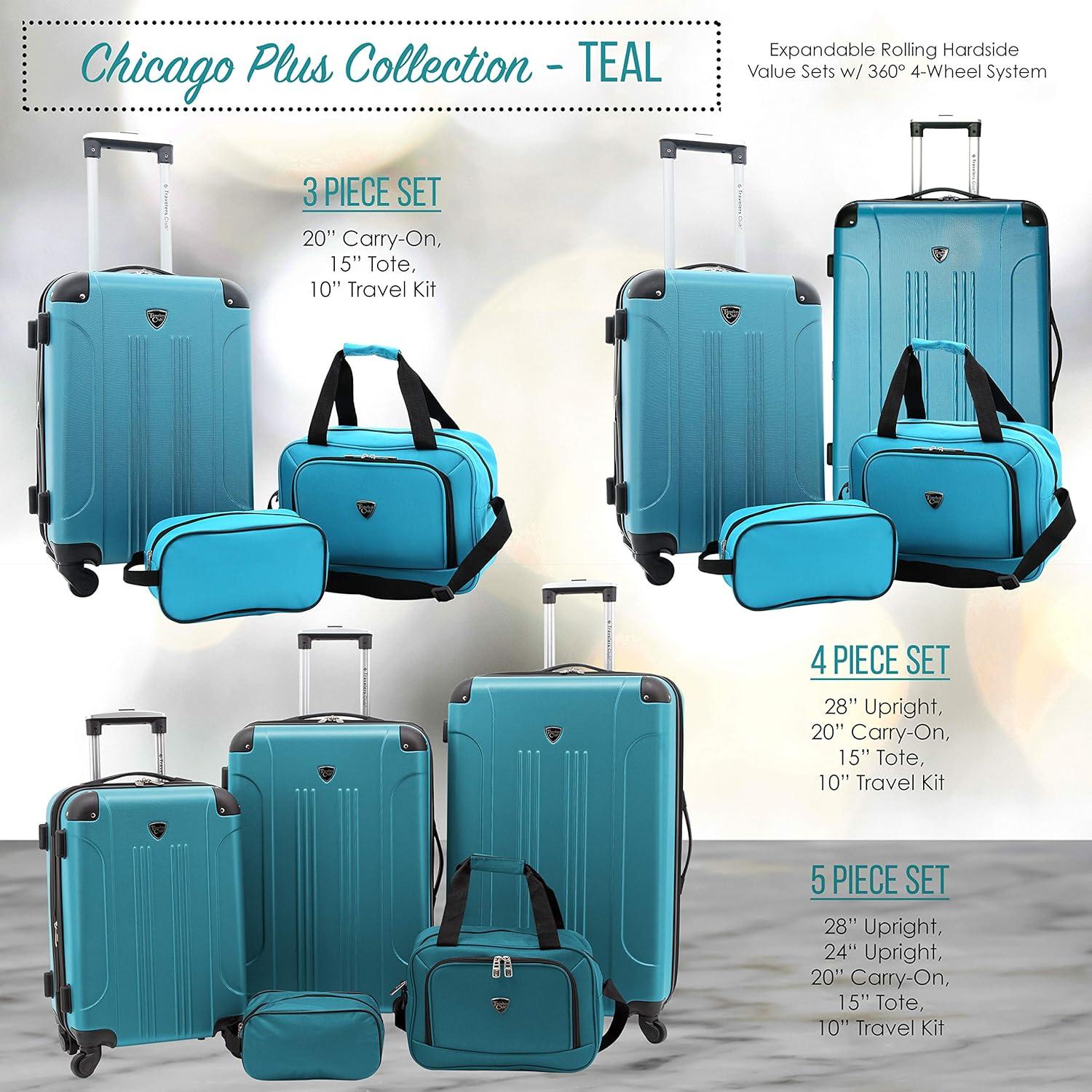 Travelers Club Chicago Plus Carry-On Luggage and Accessories Set With Tote and Travel kit-Color:Teal,Size:5 Piece