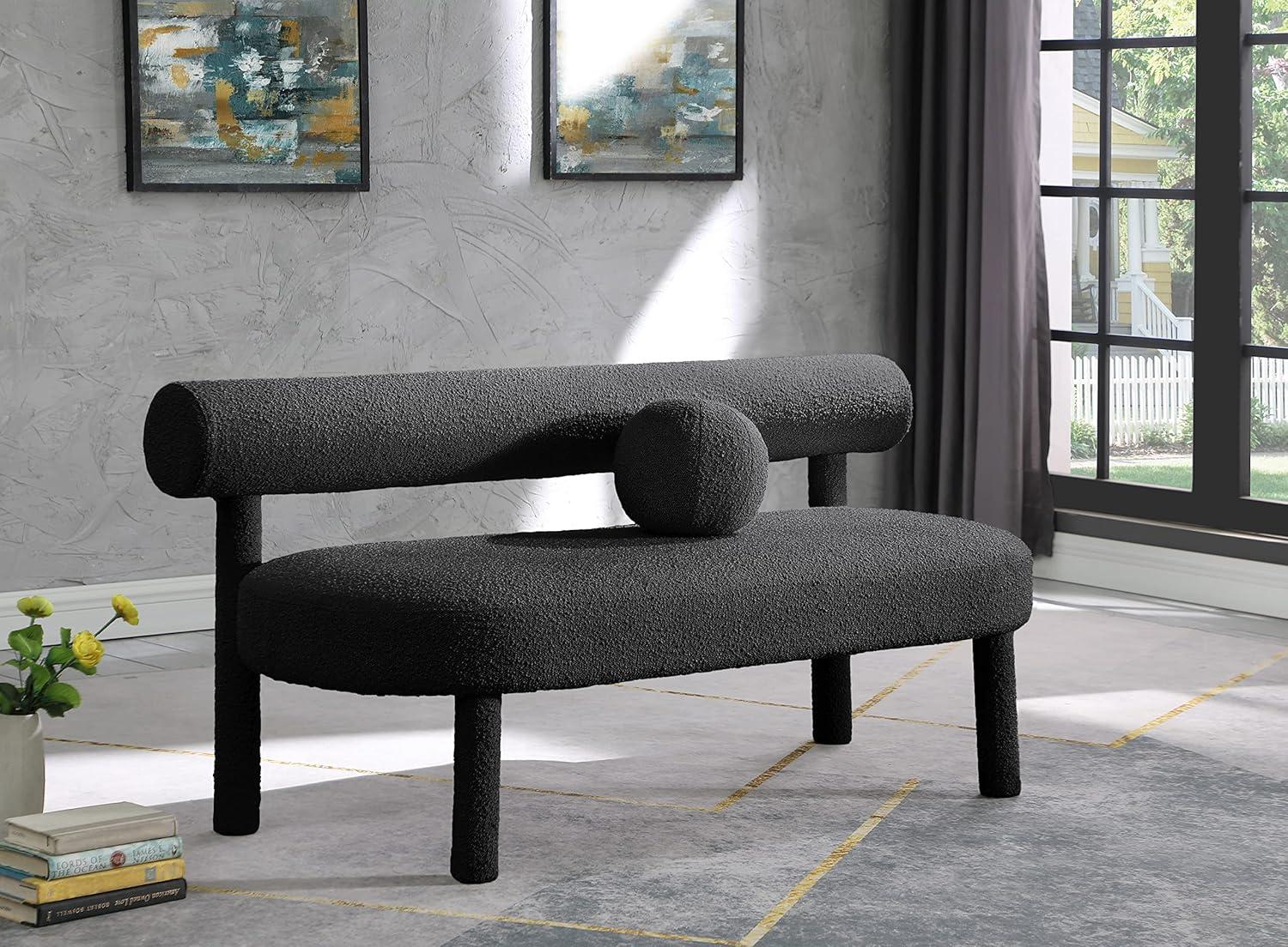 Black Boucle Fabric Upholstered Bench with Solid Wood Frame