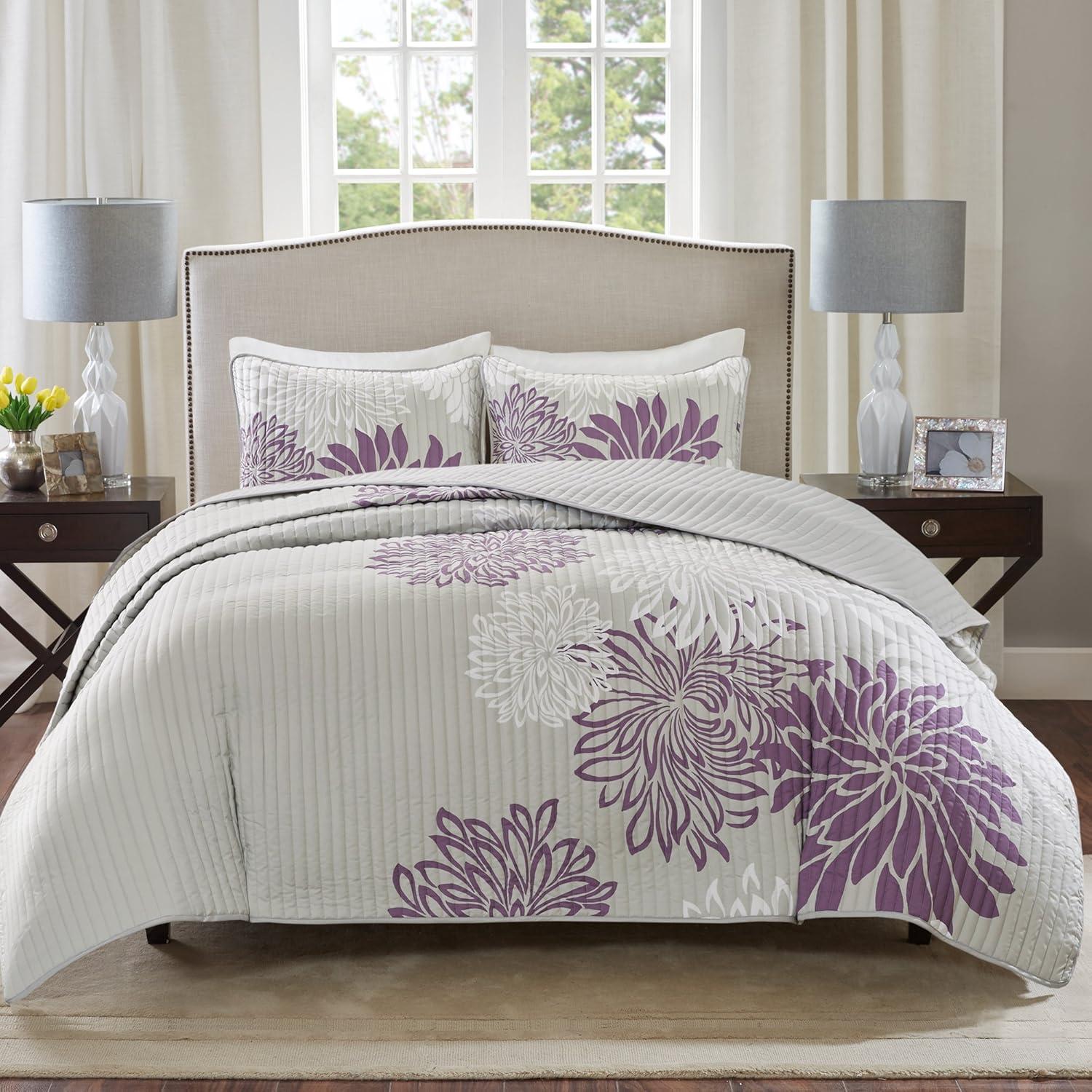 King Size Purple and Gray Reversible Microfiber Quilt Set