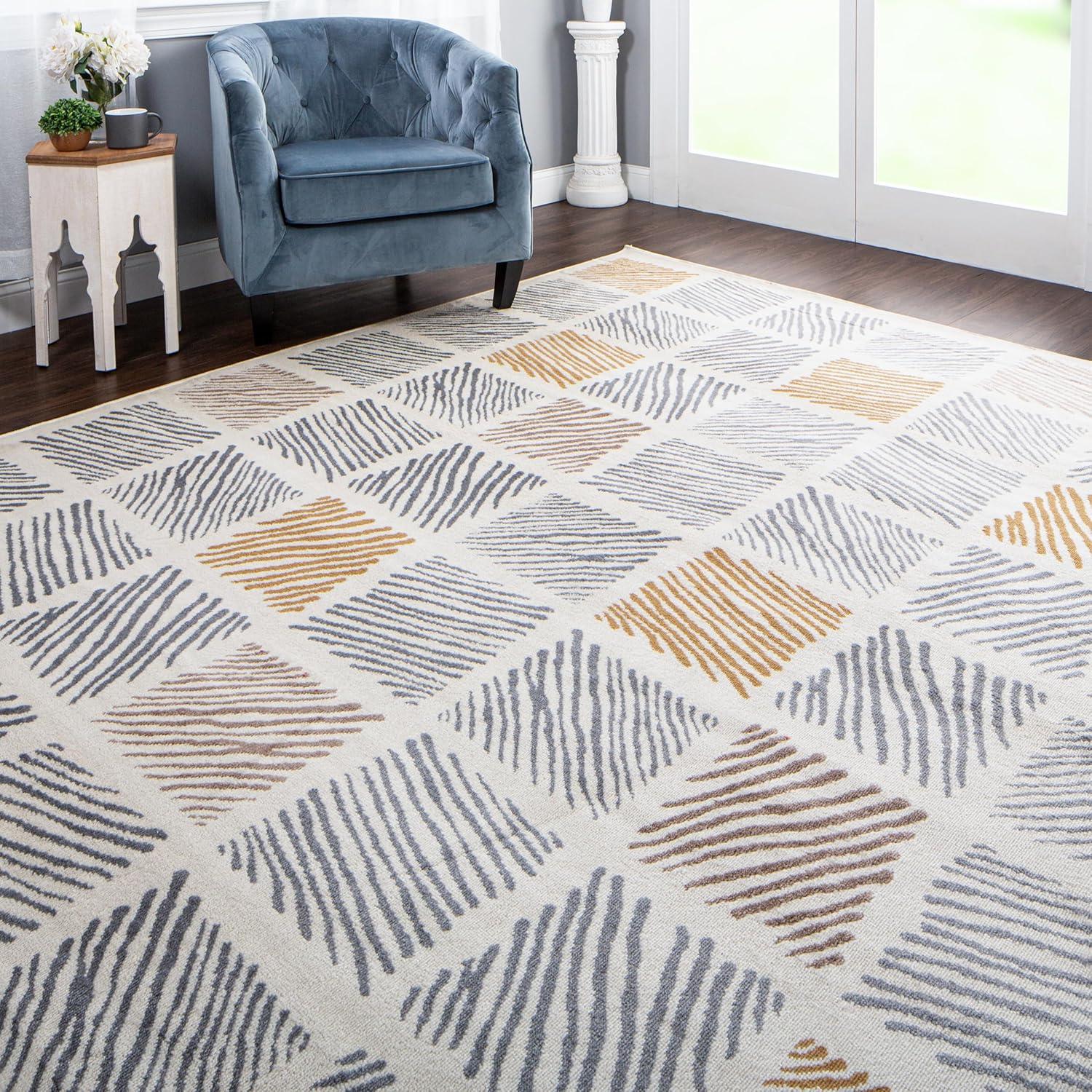 Gray and Beige Geometric Pattern Synthetic Area Rug