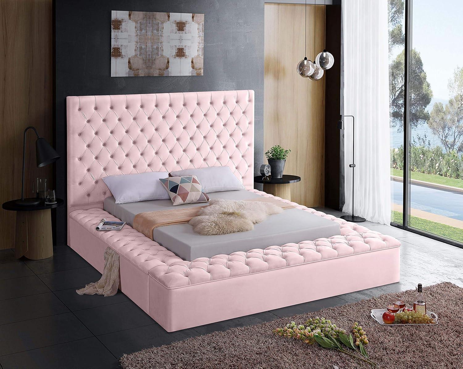 Meridian Furniture Bliss Modern Wood Storage Platform Bed, Queen, Pink