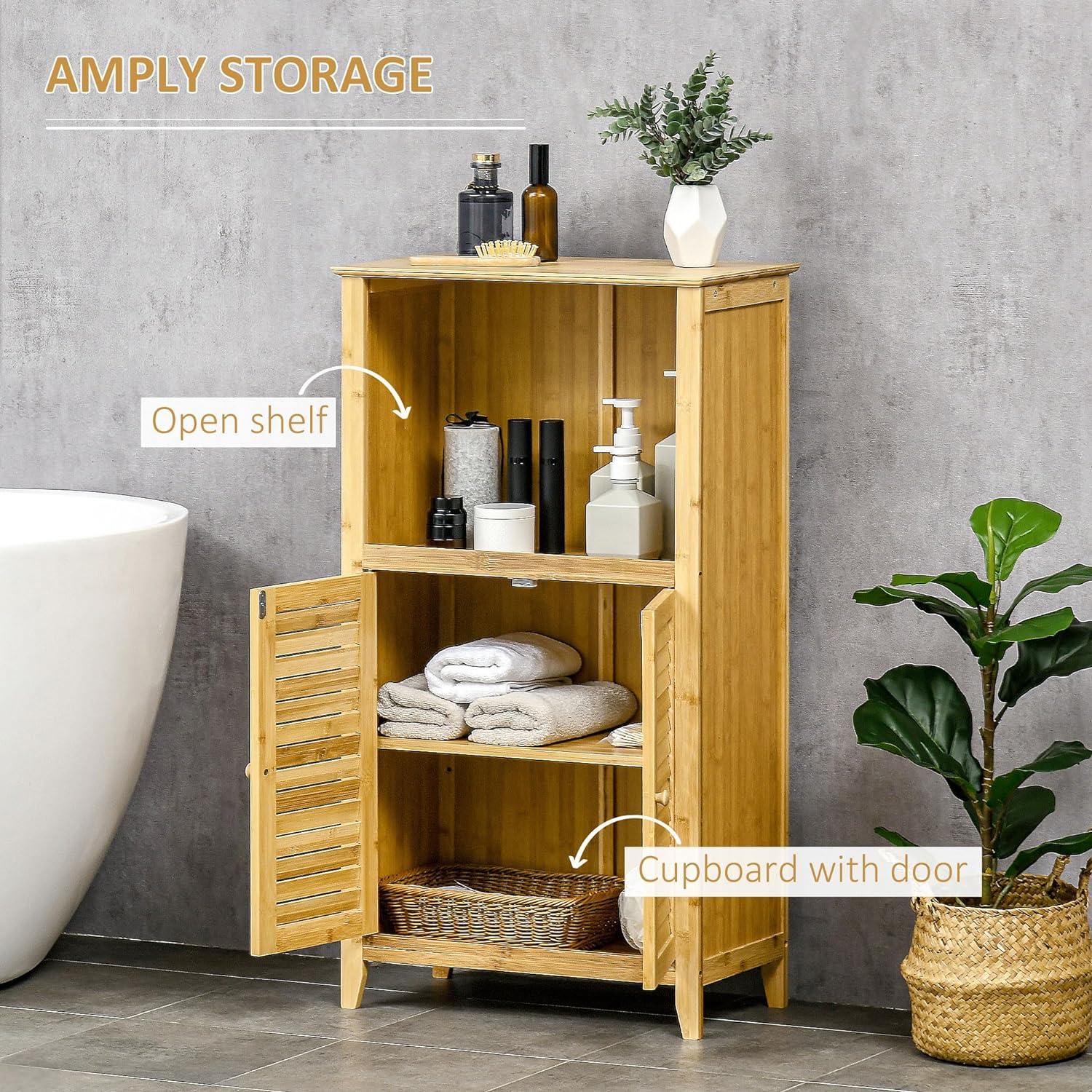 HOMCOM Bamboo Floor Cabinet Bathroom Floor Cabinet Living Room Organizer Tower with Multiple Shelves and Doors, Natural