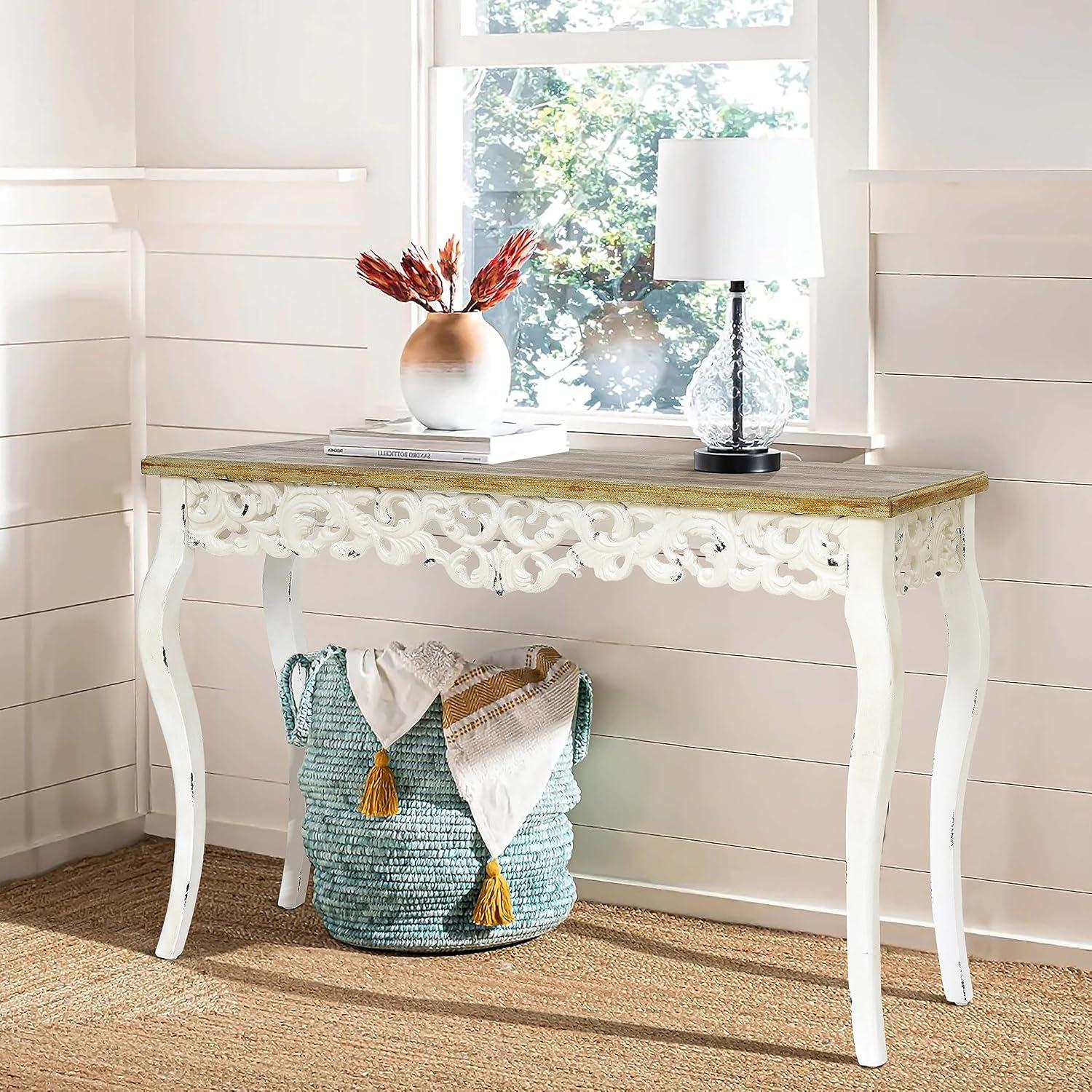 LuxenHome Victorian Off White and Natural Wood Console and Entry Table Off-White