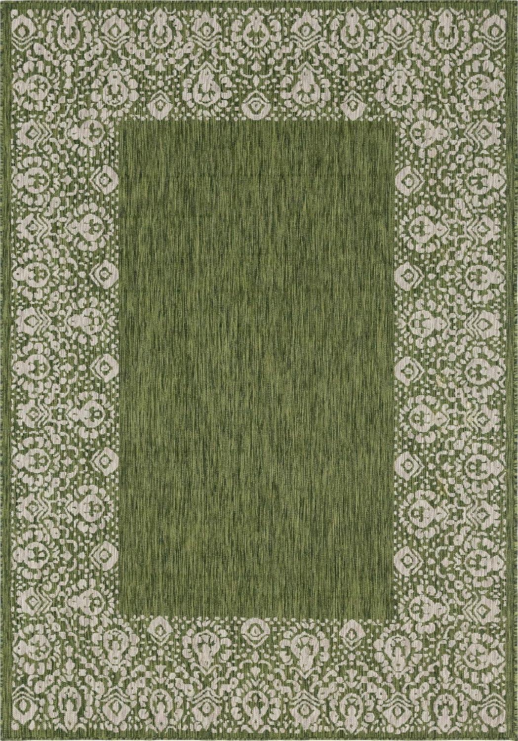 Unique Loom Outdoor Border Collection Area Rug - Floral Border (7' 1" x 10' Rectangle Green/Ivory)