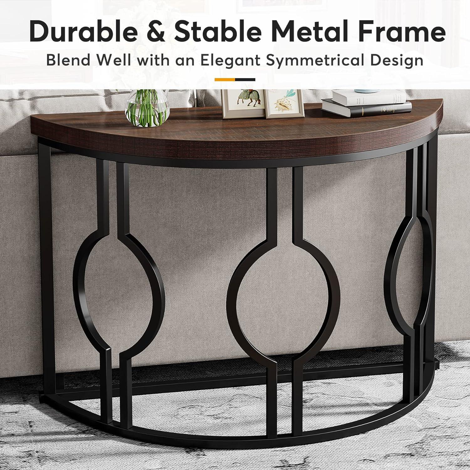 Rustic Brown and Black Demilune Wood and Metal Console Table