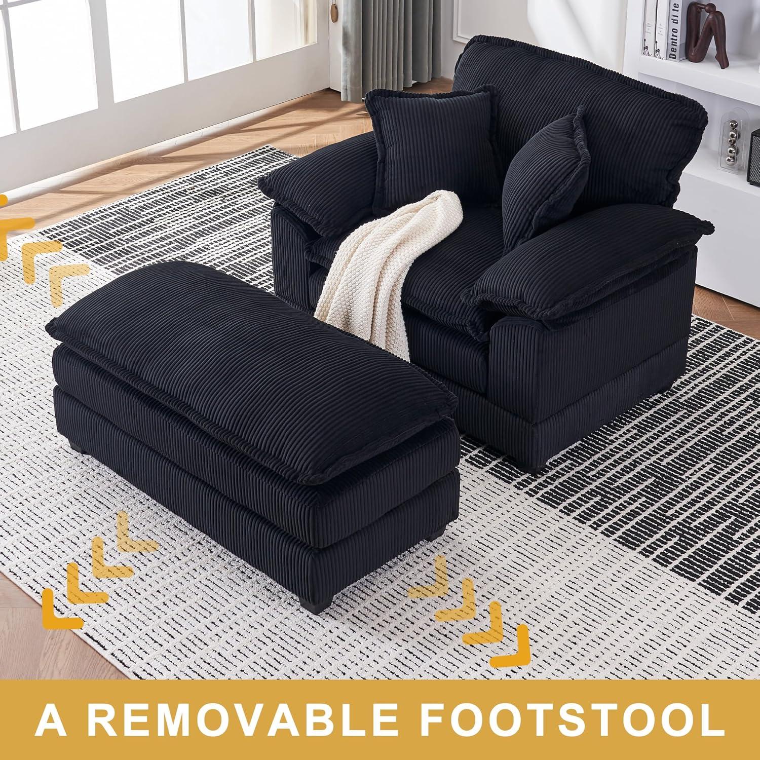 46.9" W Oversized Chair with Ottoman, Corduroy Upholstered Chaise Lounge Chair Indoor Reading Chairs Sofa Couche Oversized Comfy Chairs for Living Room, Bedroom (Corduroy Black)