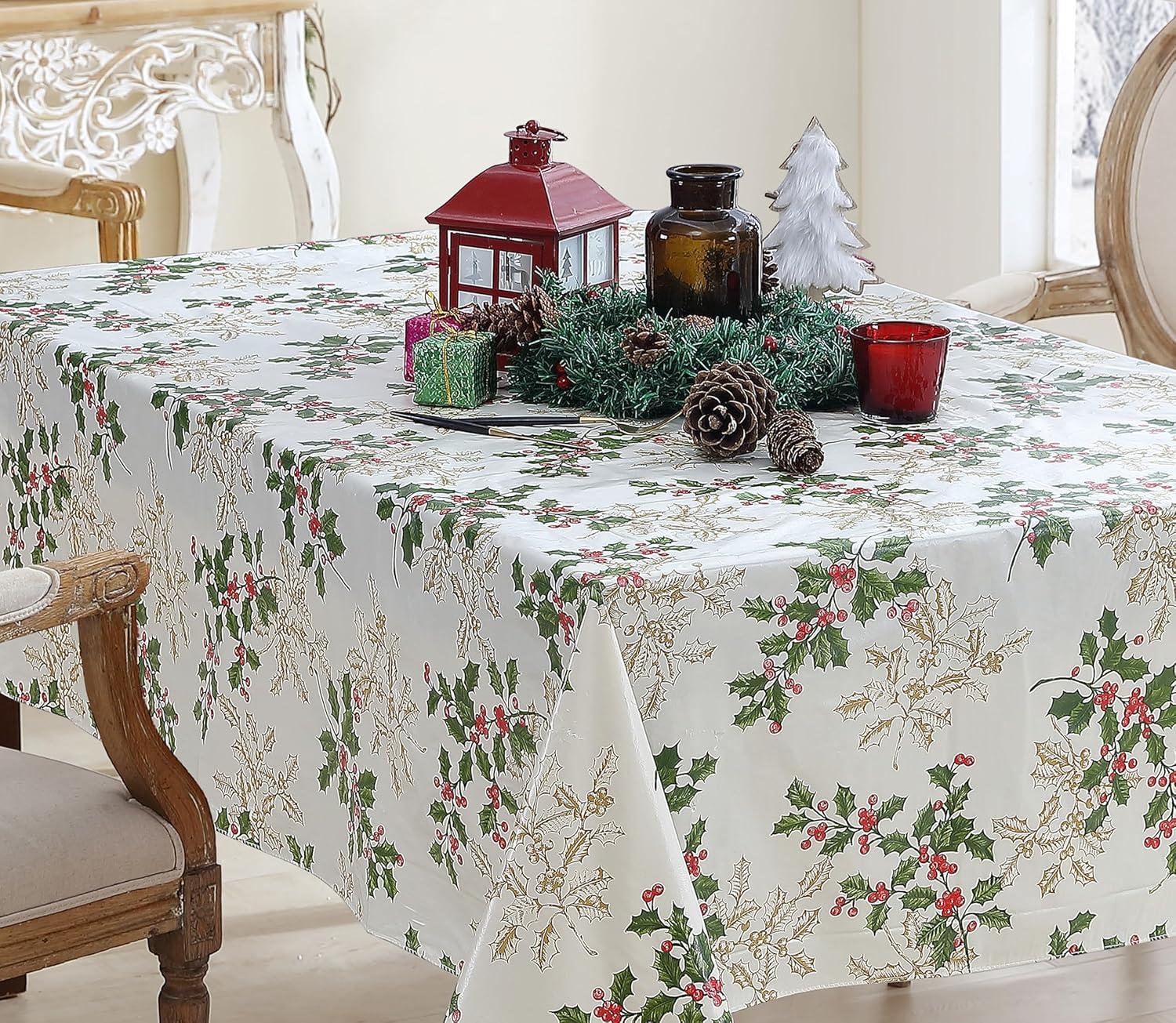 Golden Holly and Berry Vinyl Holiday Tablecloth, 52" Square