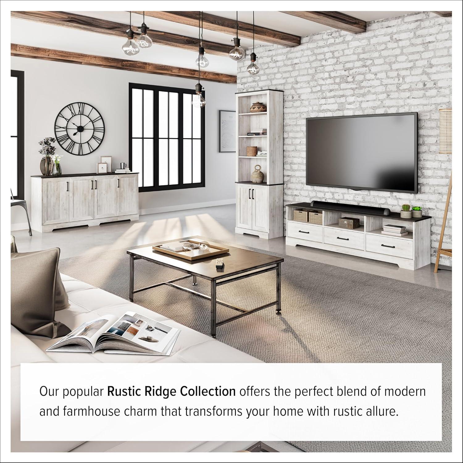 Prepac Rustic Ridge 4 Door Console Table with Storage, Washed White Storage Cabinet with Doors and Shelves, Sideboard Storage Cabinet 66" W x 31.75" H x 16" D, ACBG-1620-1