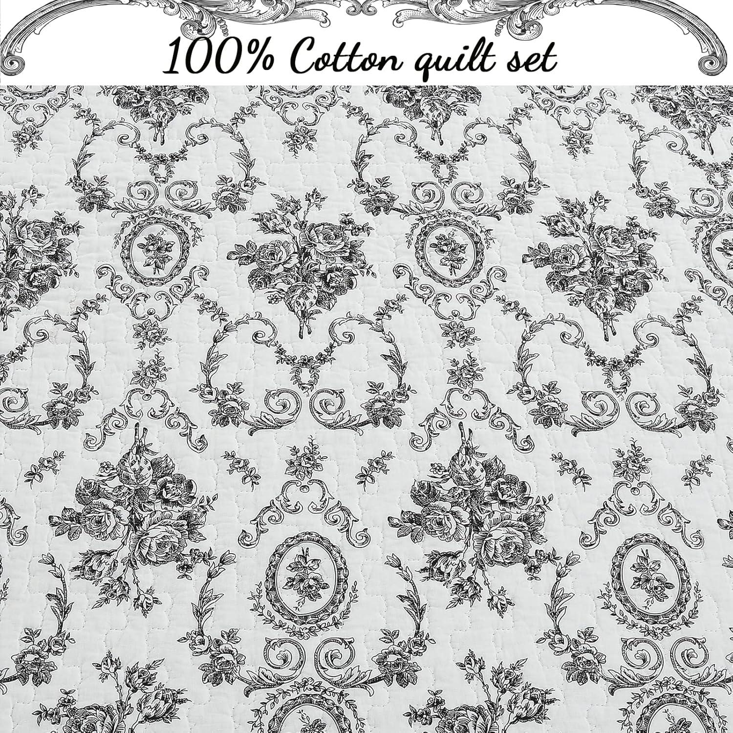 Cozy Line Home Fashions French Medallion Black White Grey Rose Flower Pattern Printed 100% Cotton Bedding Quilt Set Reversible Coverlet Bedspread (Black White, Queen - 3 Piece)