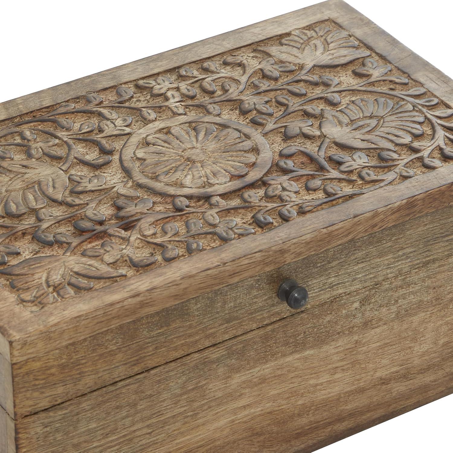 Rustic Mango Wood Floral Carved Lidded Box Set