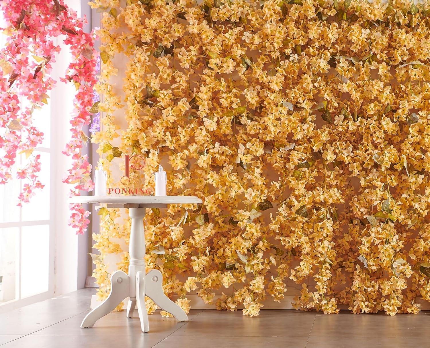 Flower Garland, Artificial Hydrangea Vine Flowers, Hanging Fake Hydrangeas Vine for Room Anniversary Wedding Birthday Christmas Wall Arch Decor, 2 Pcs, Floral Garland, Champagne Flower