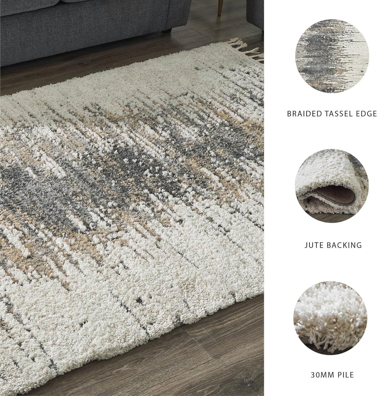 Large Cream and Gray Braided Abstract Synthetic Rug