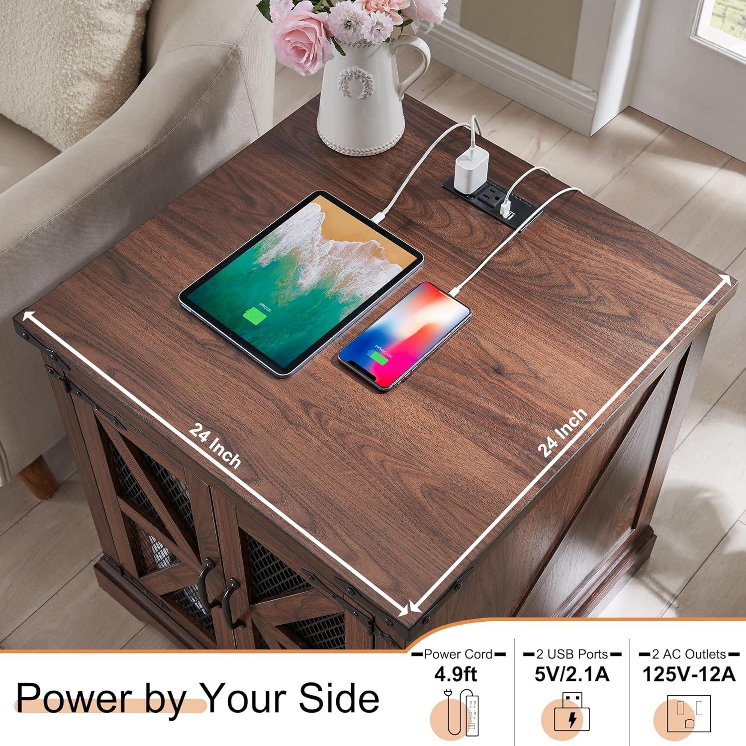 Farmhouse End Table, 24" Large Sofa Side Table with Charging Station, Mesh Barn Door, and Adjustable Storage Shelf, Rustic Wood Square Nightstand for Living Room, Bedroom, Office, Brown