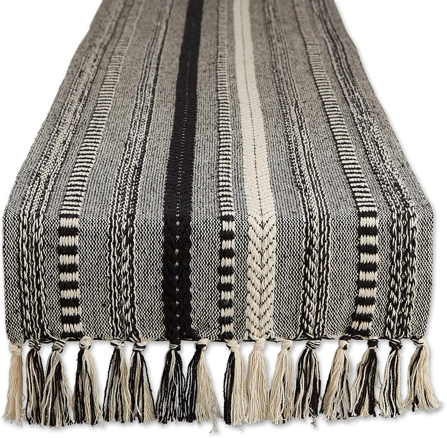 Design Imports  Braided Stripe Jacquard Fringe Table Runner, 15X108", Black