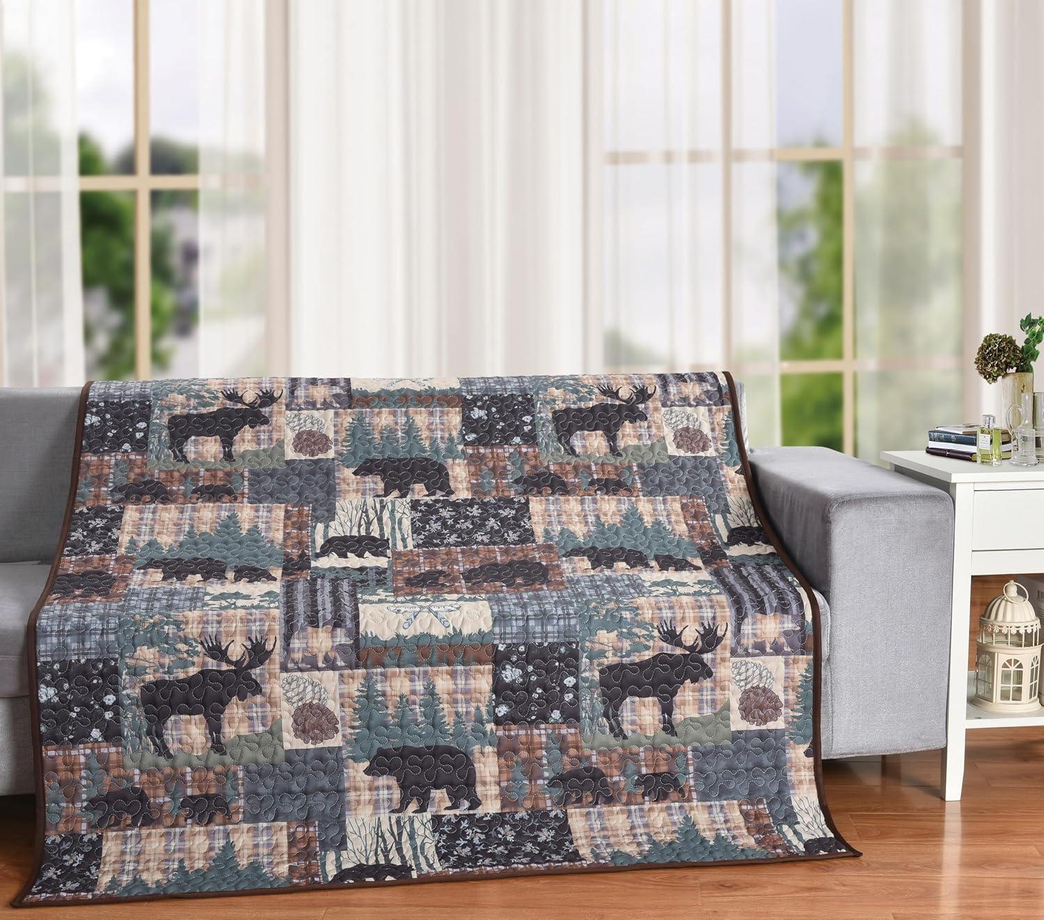 De Leon Collections Grand Bear Lodge Woodland Forest Outdoor Nature Patchwork 60" x 50" Decorative Quilt Throw Blanket