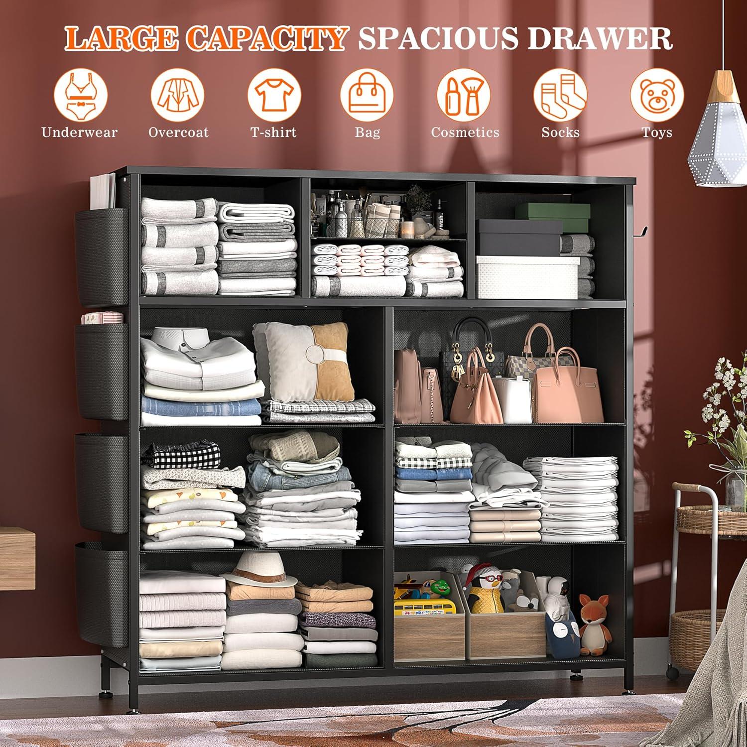 Modern 10-Drawer Fabric Storage Dresser - Tall Chest of Drawers with Steel Frame, Wooden Top, for Bedroom, Closet, Entryway, Black