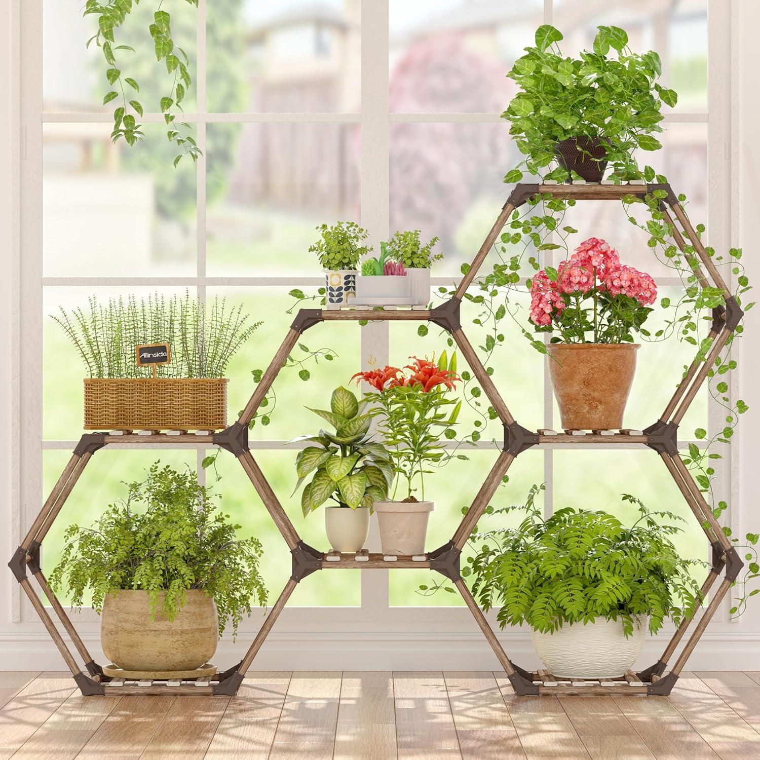 Hexagonal 7-Tier Brown Wooden Plant Stand for Indoor and Outdoor Use