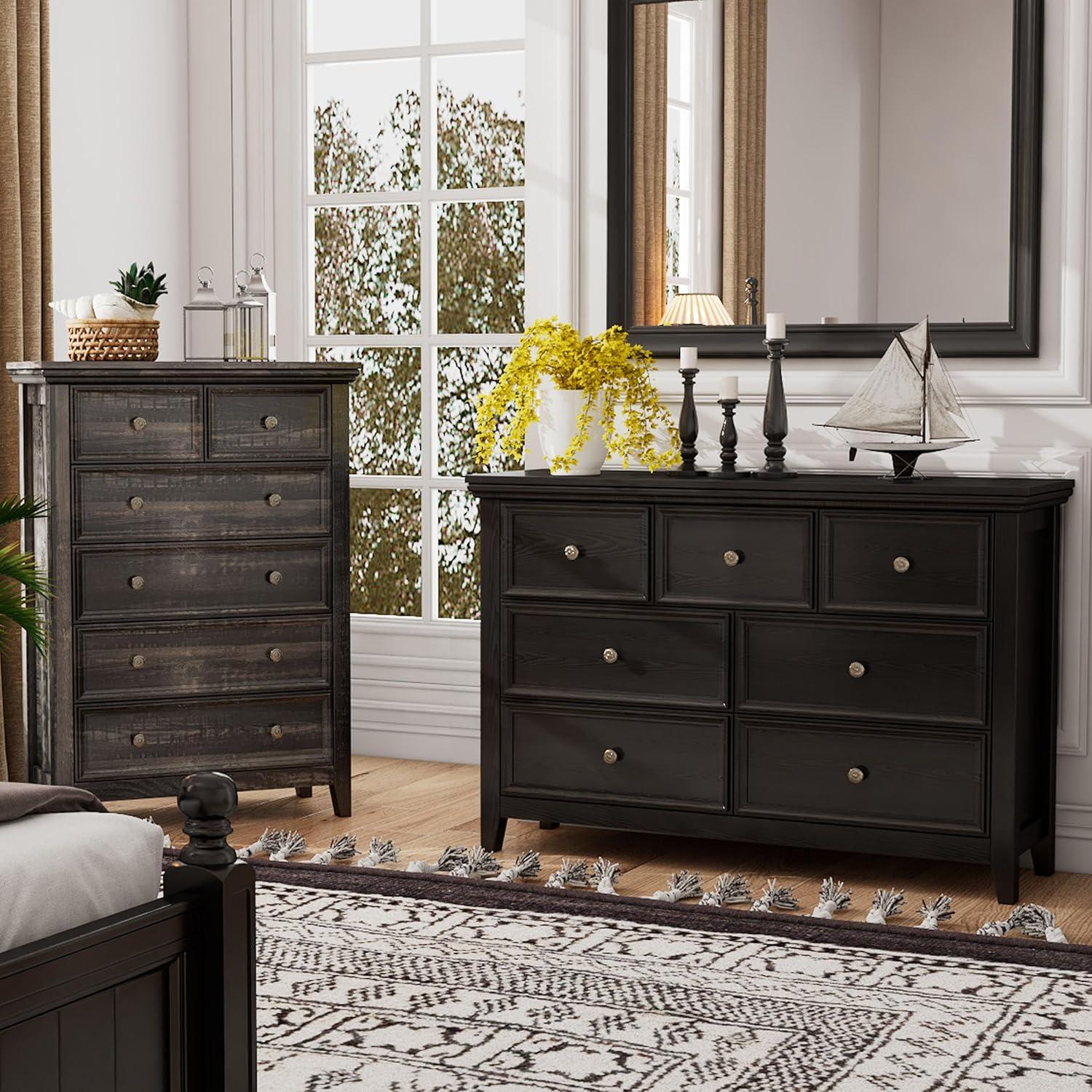 Black Wood 7-Drawer Dresser with Metal Handles