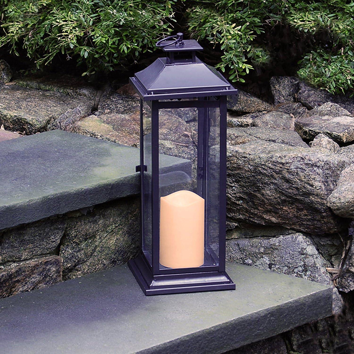 LumaBase Metal Lantern with Battery Operated Candle - Traditional Black