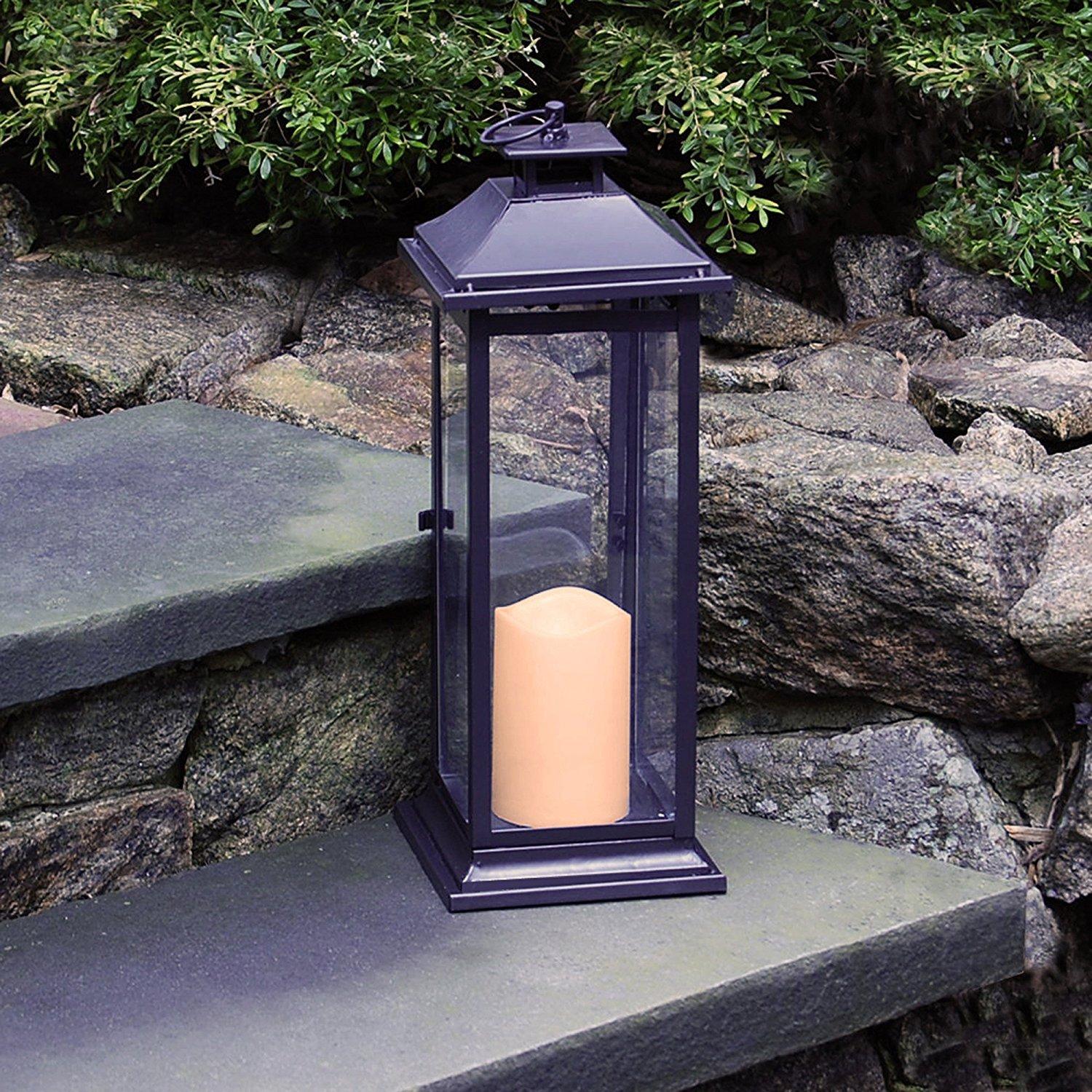 LumaBase Metal Lantern with Battery Operated Candle - Traditional Black