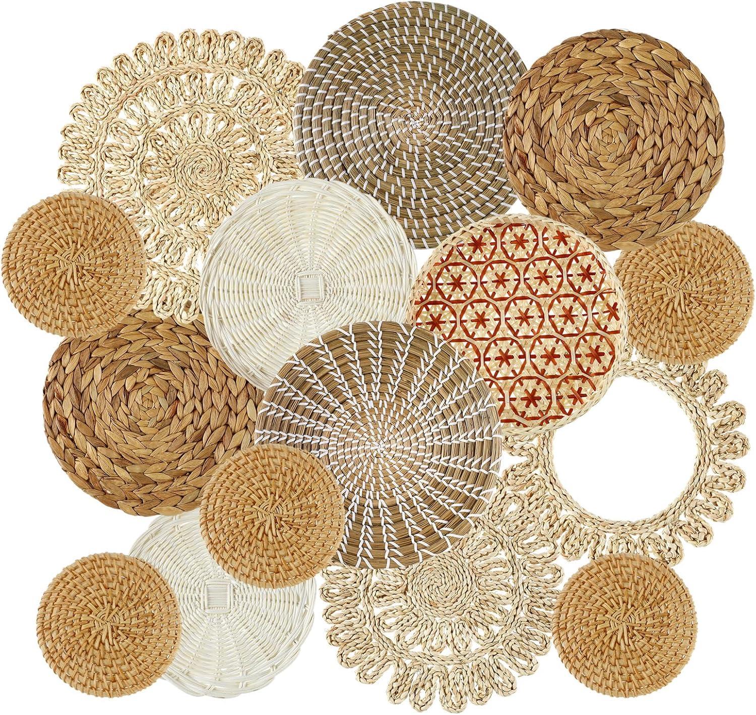 Bungalow Rose Siena 15 Pcs Boho Siena Hanging Woven Sienaative Rustic Handcrafted Seagrass Baskets Round Woven Hanging Art For Home Farmhouse Kitchen Table Living Room