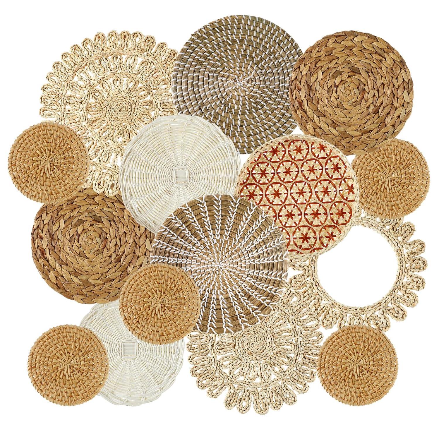 Bungalow Rose Siena 15 Pcs Boho Siena Hanging Woven Sienaative Rustic Handcrafted Seagrass Baskets Round Woven Hanging Art For Home Farmhouse Kitchen Table Living Room