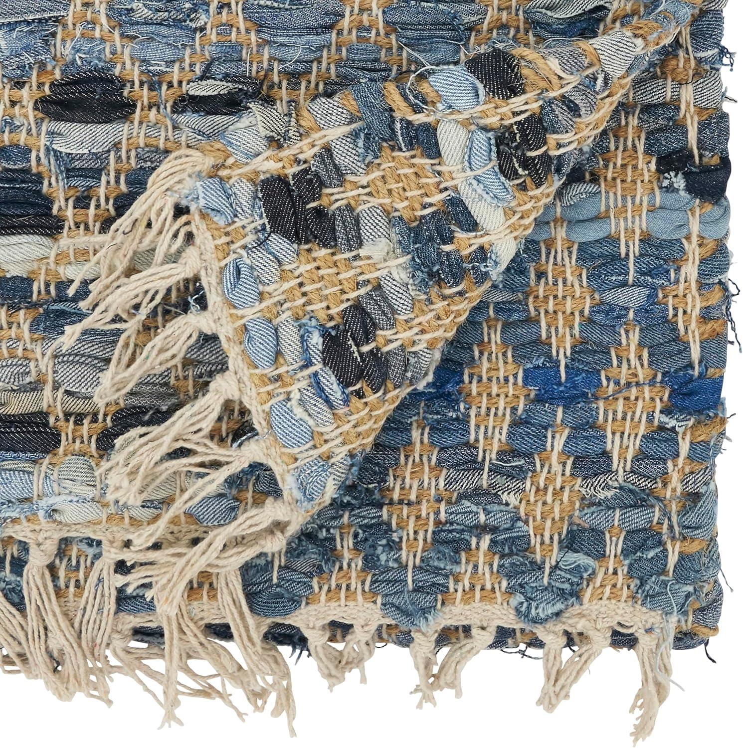 Saro Lifestyle Woven Chindi Net Fringed Table Runner, Blue, 16"x72"