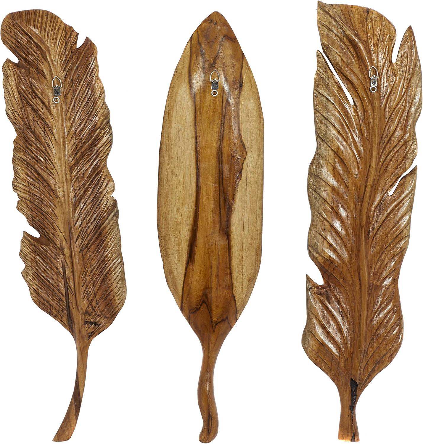 DecMode Brown Teak Wood Handmade Carved Feather Bird Wall Decor (3 Count)