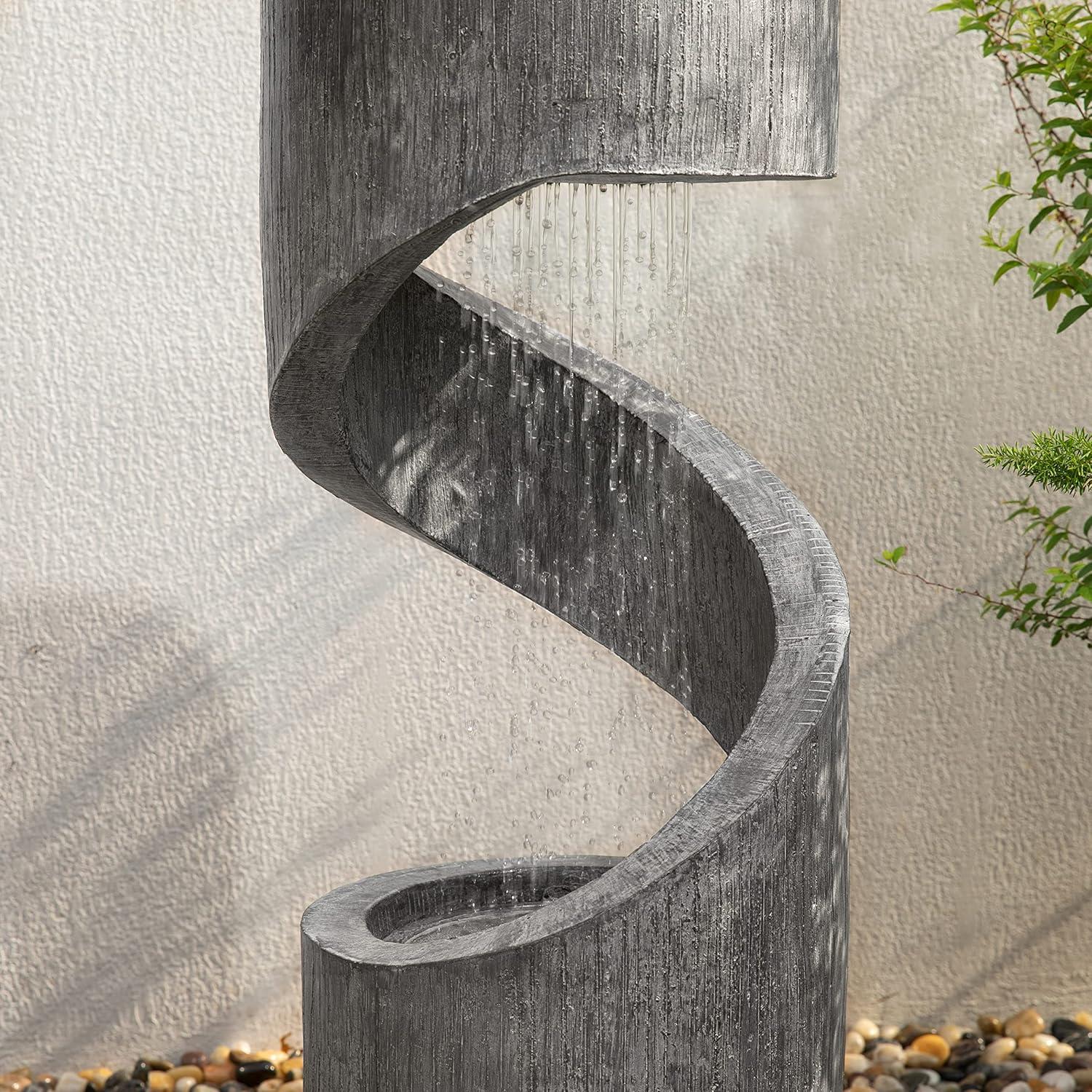 Glitzhome GH11250 Outdoor Polyresin Curved Waterfall Fountain with LED Light, 31.3" H