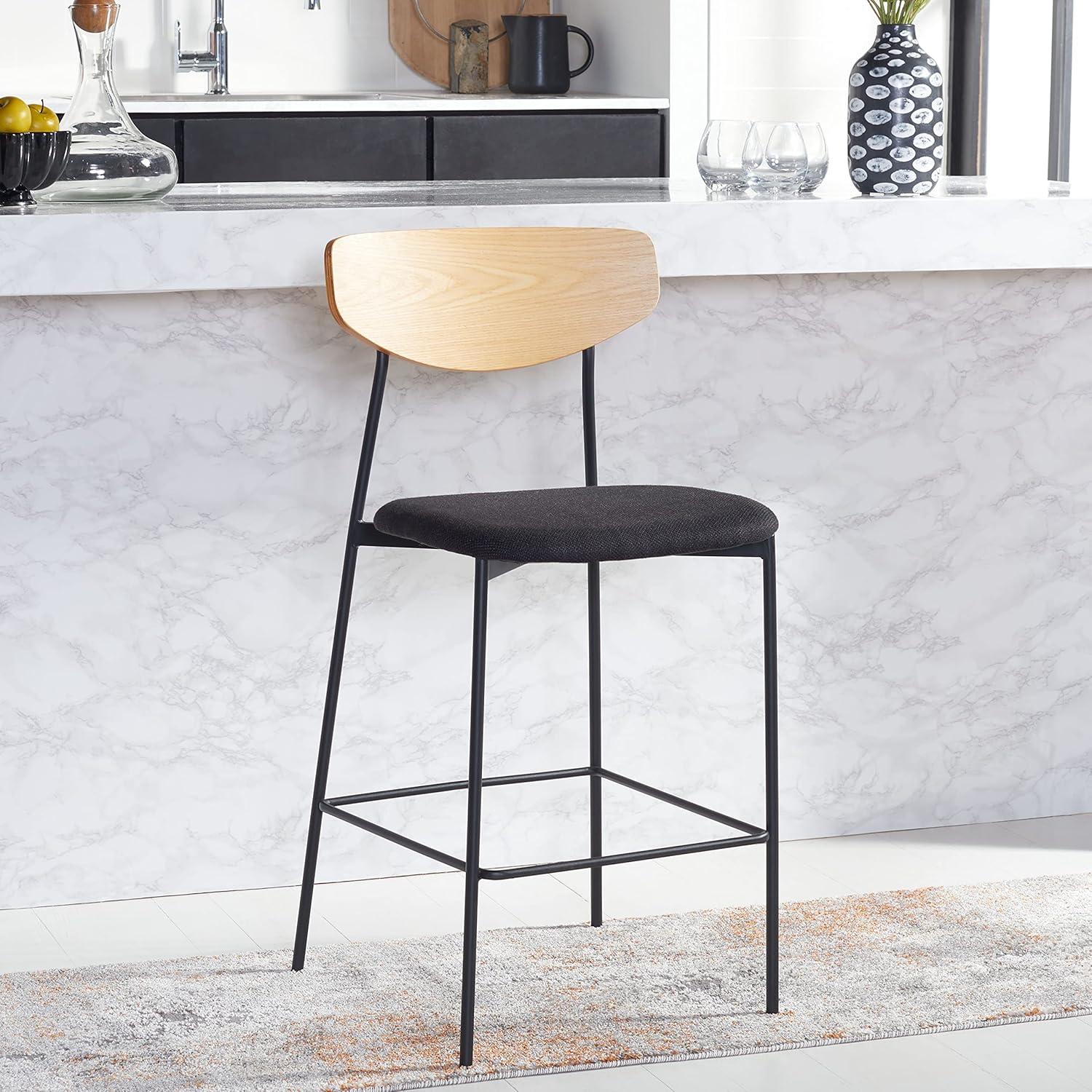 Mid-Century Oak and Black Iron Saddle Counter Stool