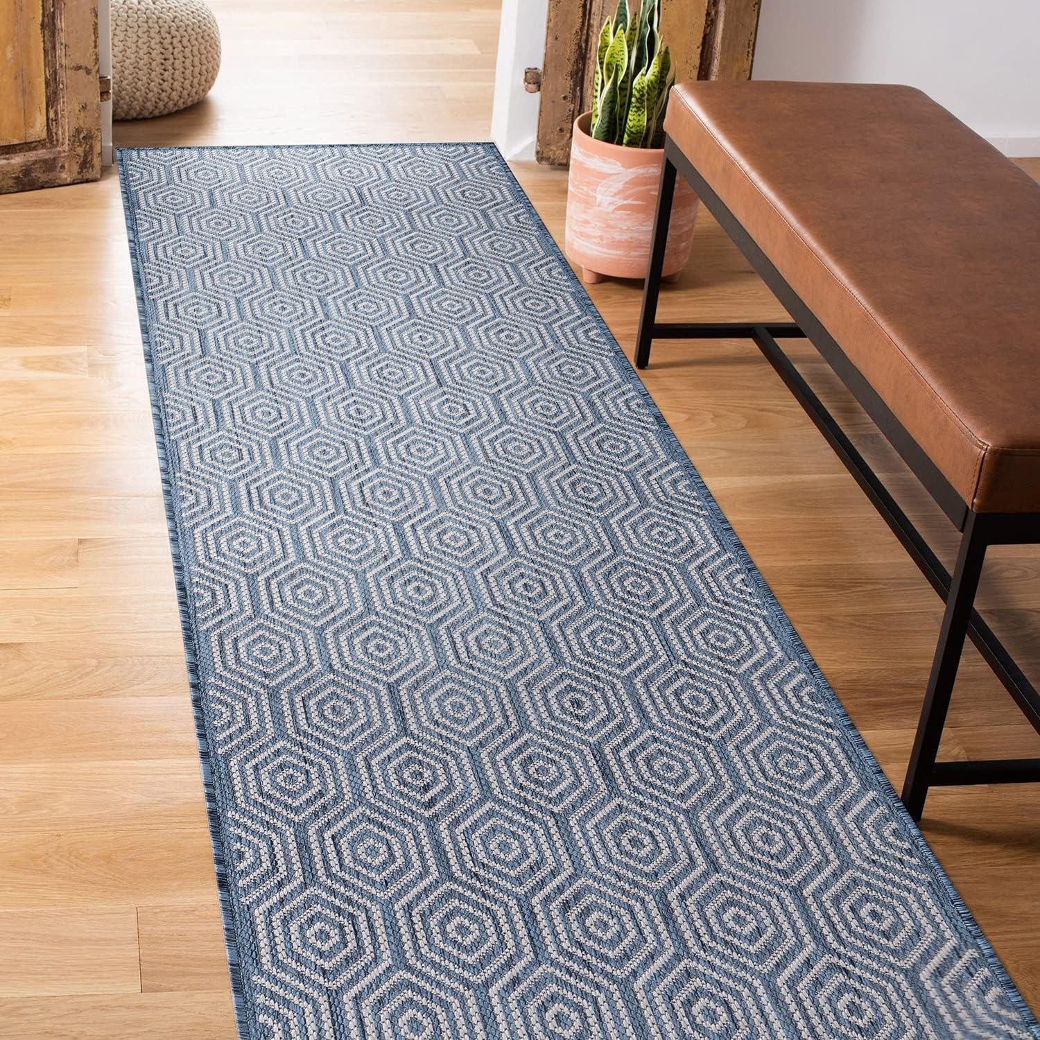 Blue Geometric Flat Woven Synthetic Runner Rug 2'x7'