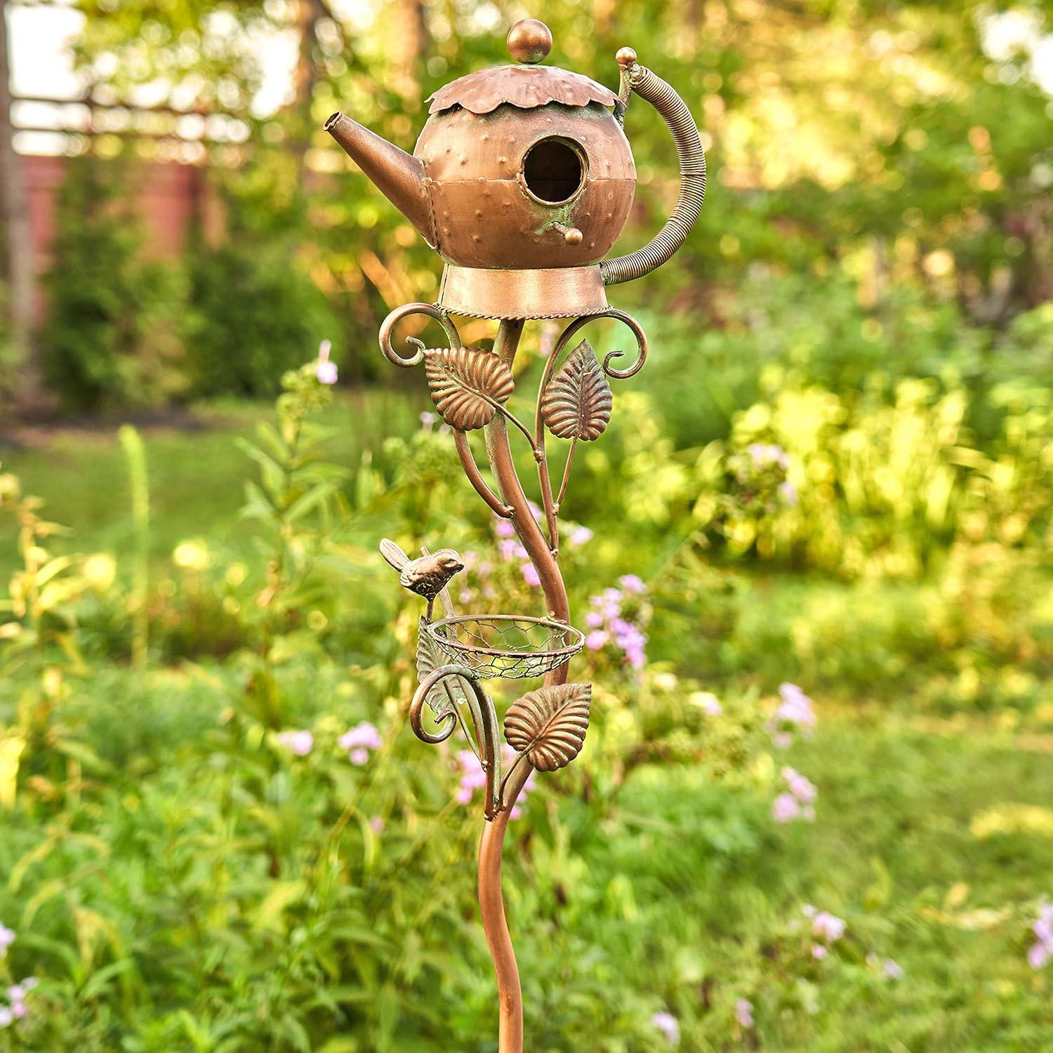 Antique Copper Teapot Birdhouse with Leaf Design Stake