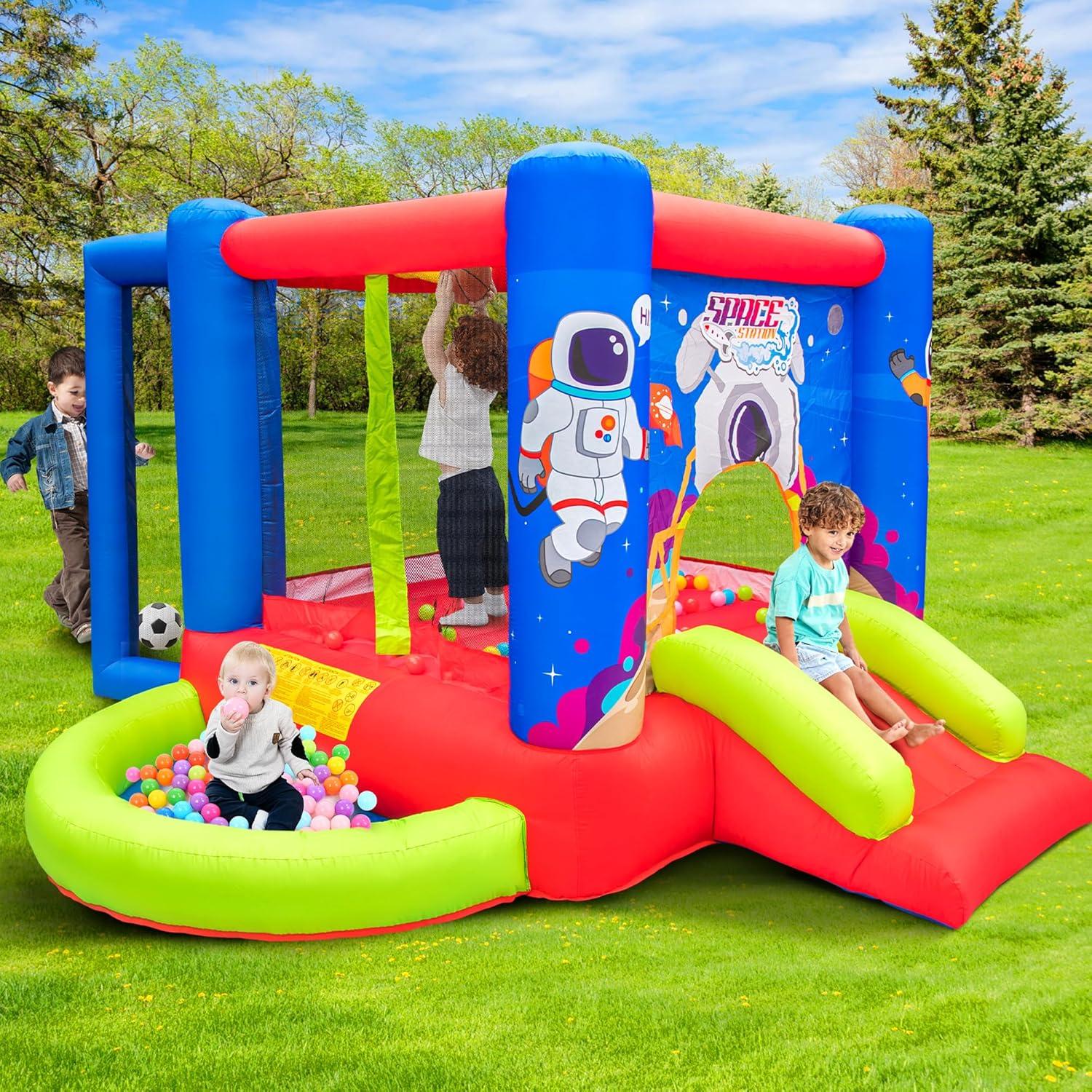 Inflatable Bounce House with Slide, Jumping Castle with Blower for Kids Play House with Wave Pool