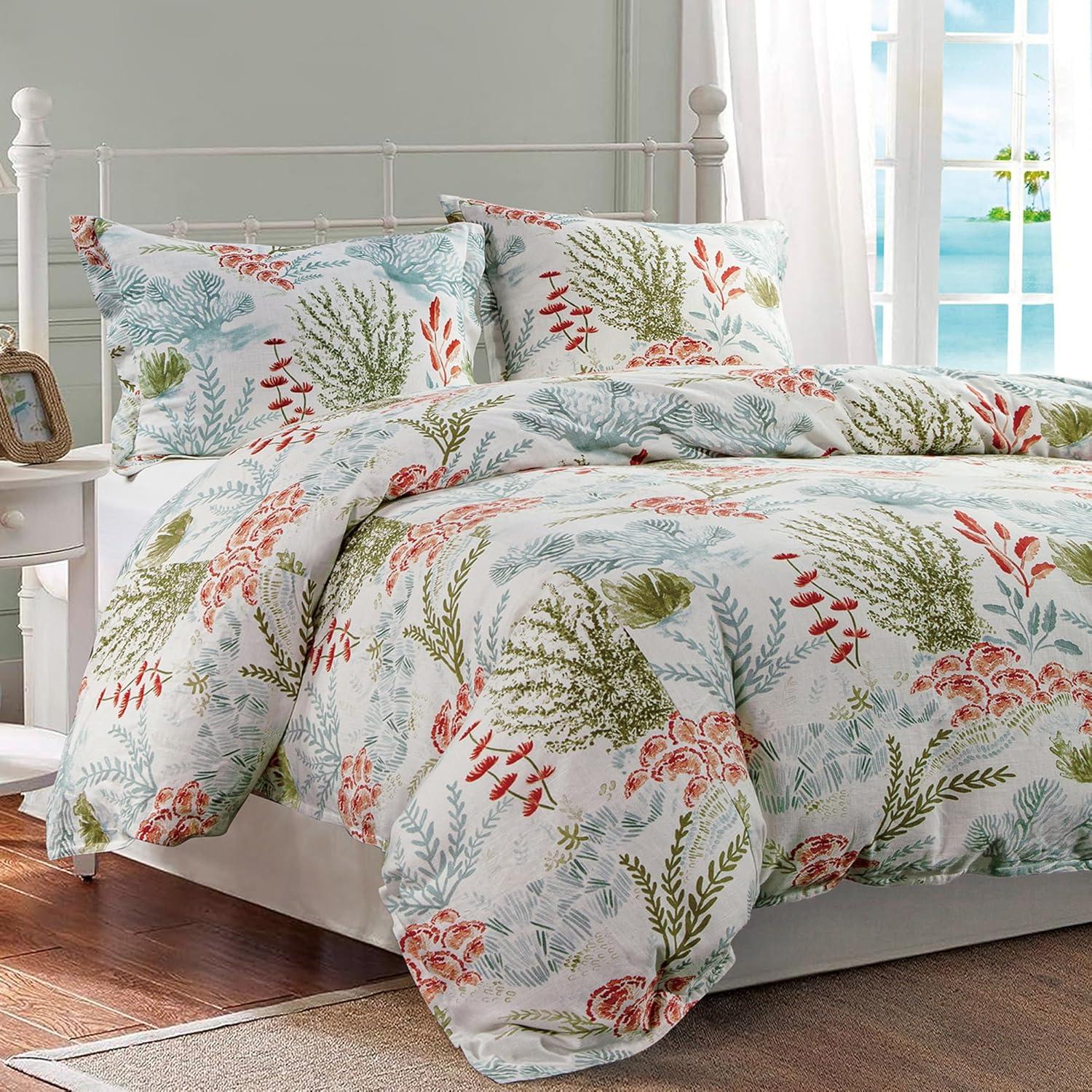 Oceania Coastal Coral Print Linen Blend Classic Chic Casual Duvet Set