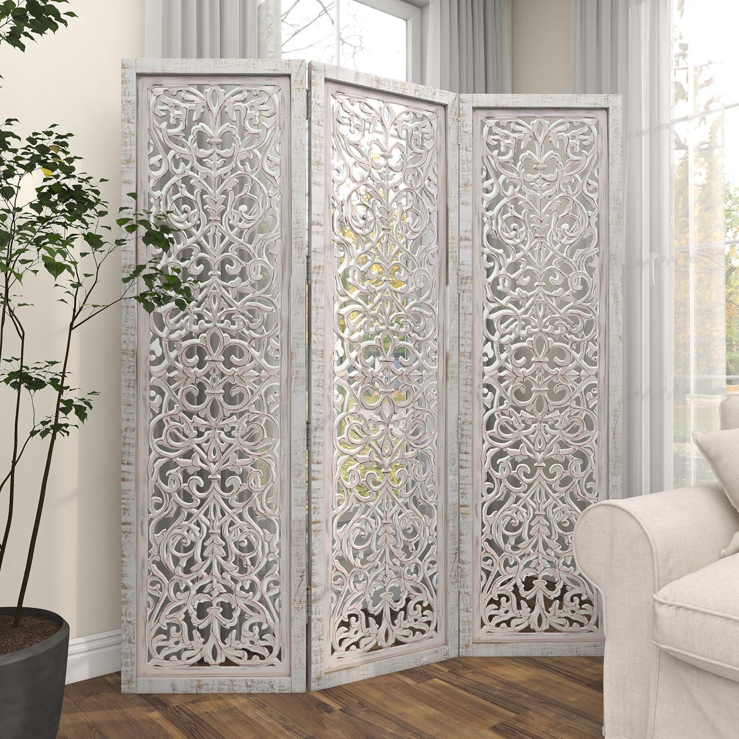 DecMode 60" x 69" White Wood Floral Handmade Hinged Foldable Partition 3 Panel Room Divider Screen with Intricate Carved Design, 1-Piece