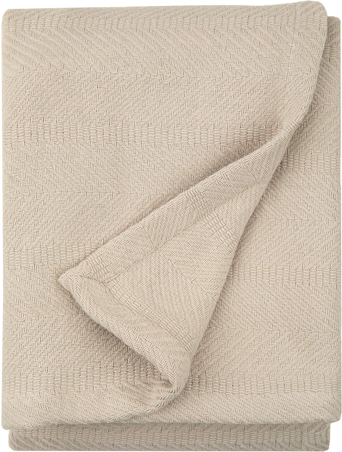 Classic Tan Herringbone Cotton Throw Blanket, 60" x 50"