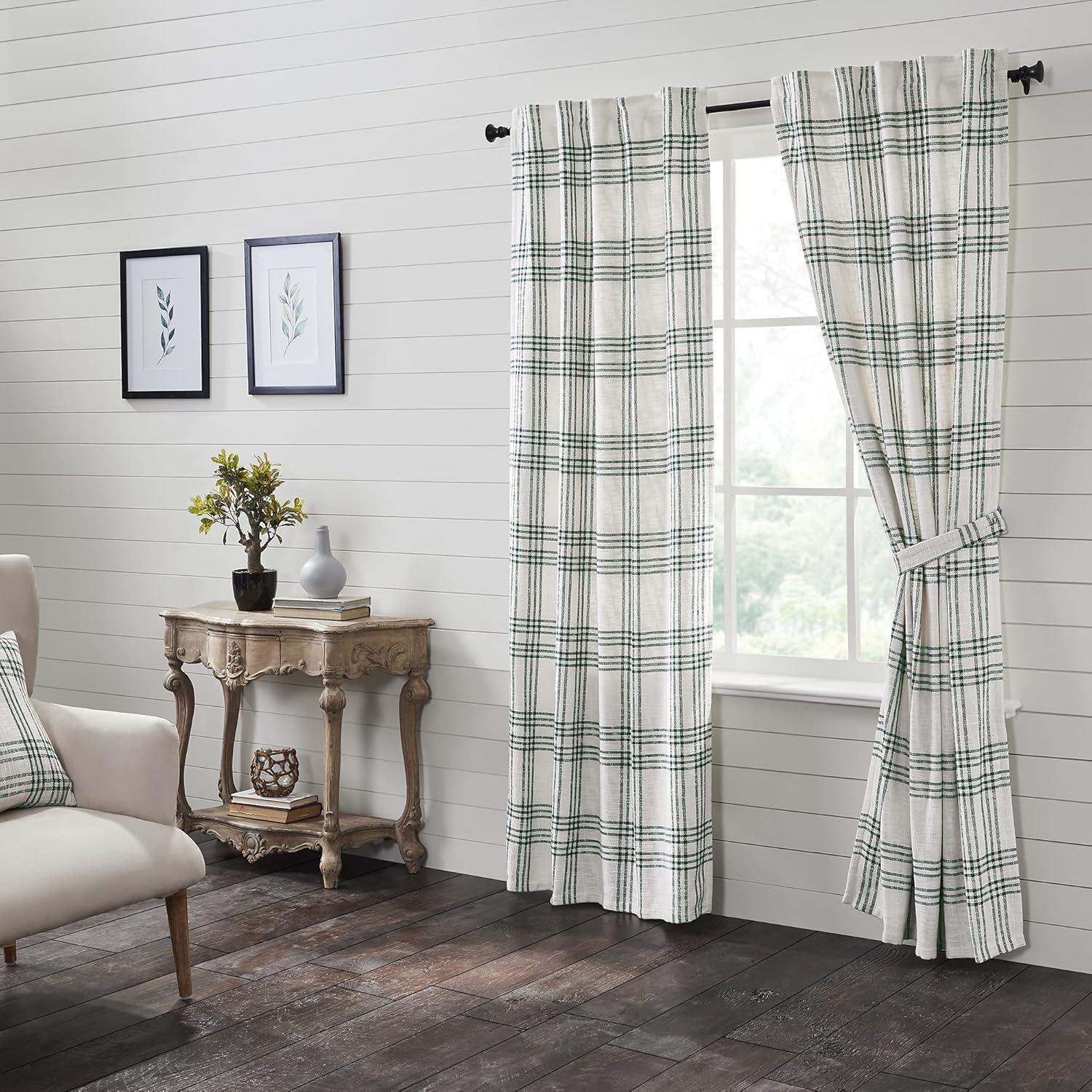 84-Inch White and Green Cotton Plaid Curtain Panel Pair