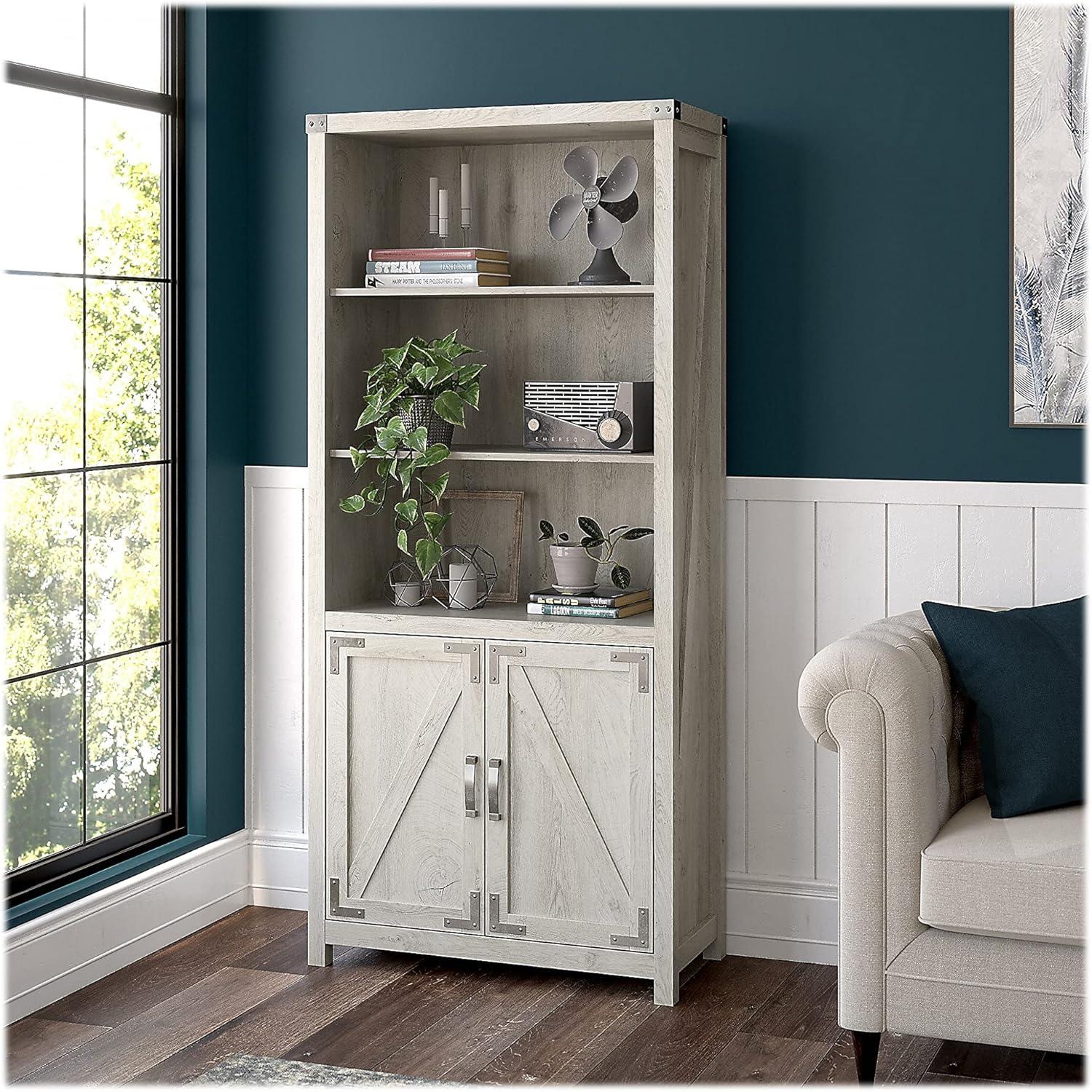 Cottage White 72-Inch Tall Bookcase with Adjustable Shelves and Doors