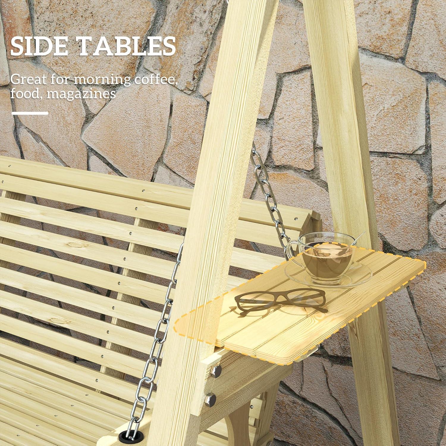 Outsunny 3 Seat Wooden Porch Swing with Stand, Patio Swing Chair with Side Tables, Carbonized Brown